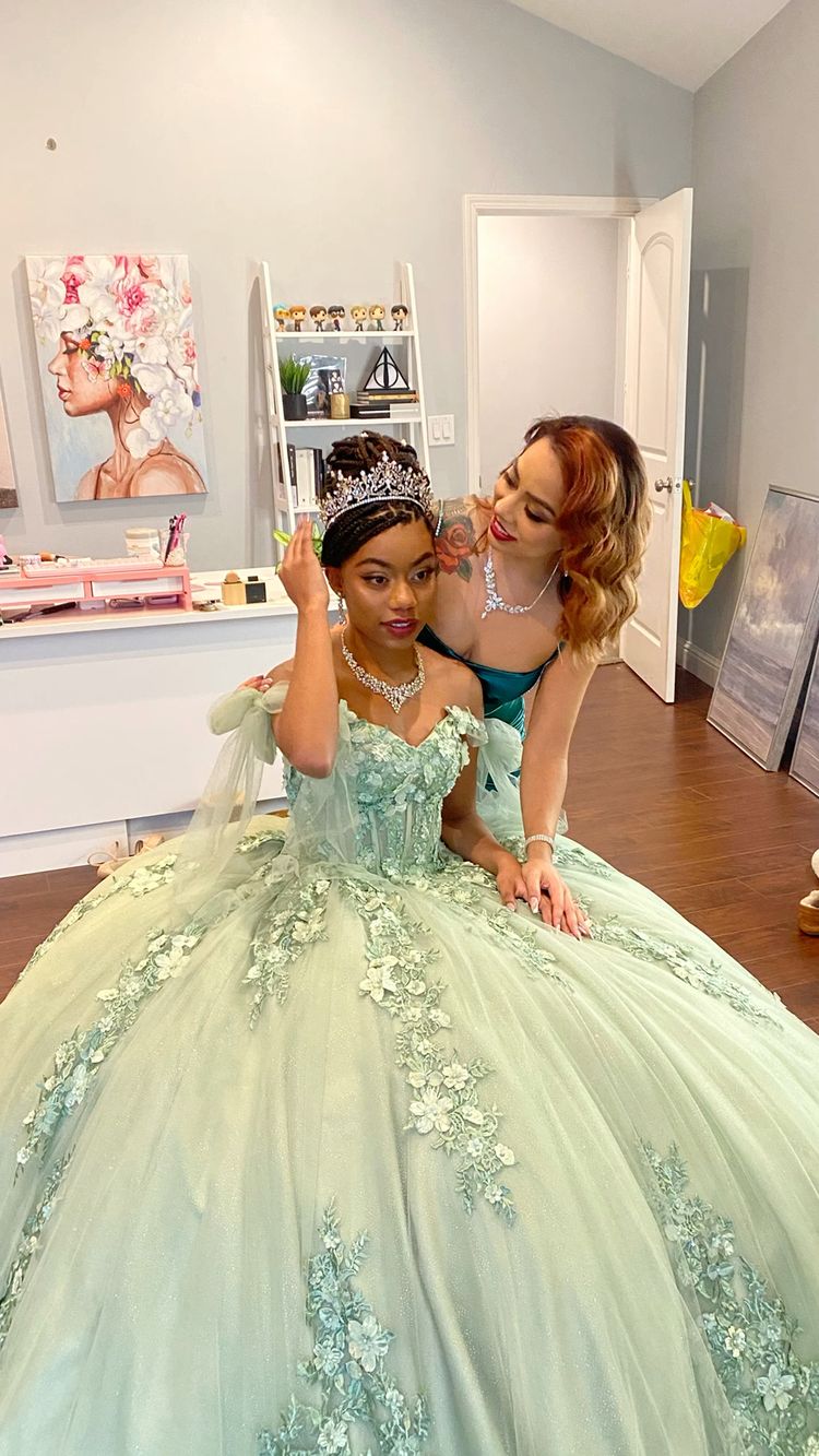 Ball Gown Lace Off the Shoulder Sage Green Quince Dress