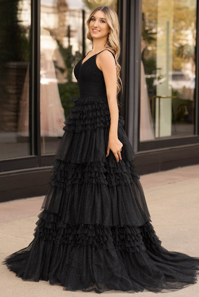 Emerson |A - Line Deep V Neck Tiered Long Glitter Tulle Prom Dress - KissProm