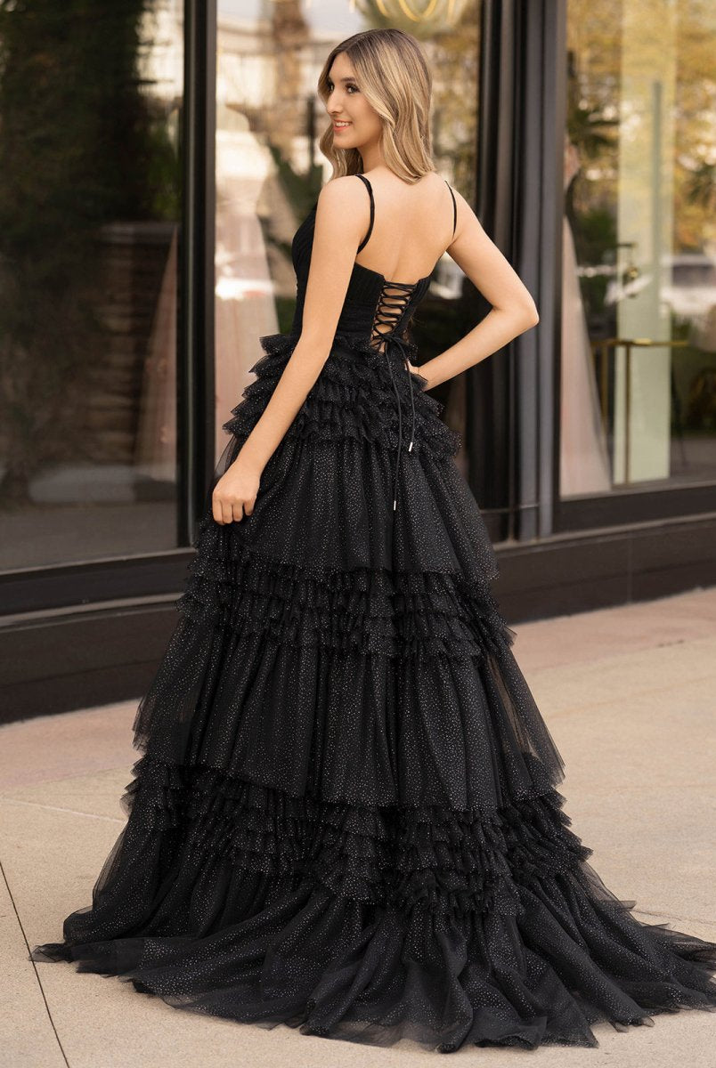 Emerson |A - Line Deep V Neck Tiered Long Glitter Tulle Prom Dress - KissProm