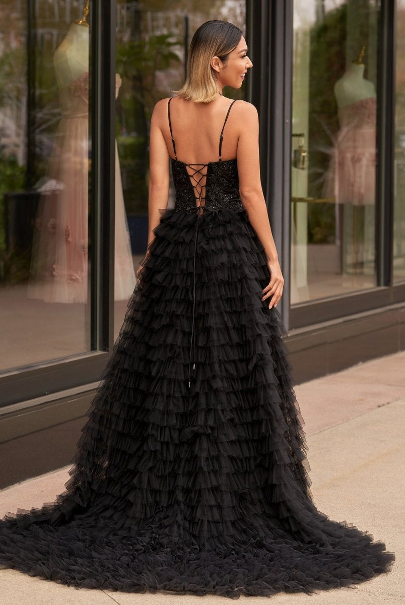 Jordan | A - Line Tiered Sequins Tulle Long Prom Dress - KissProm