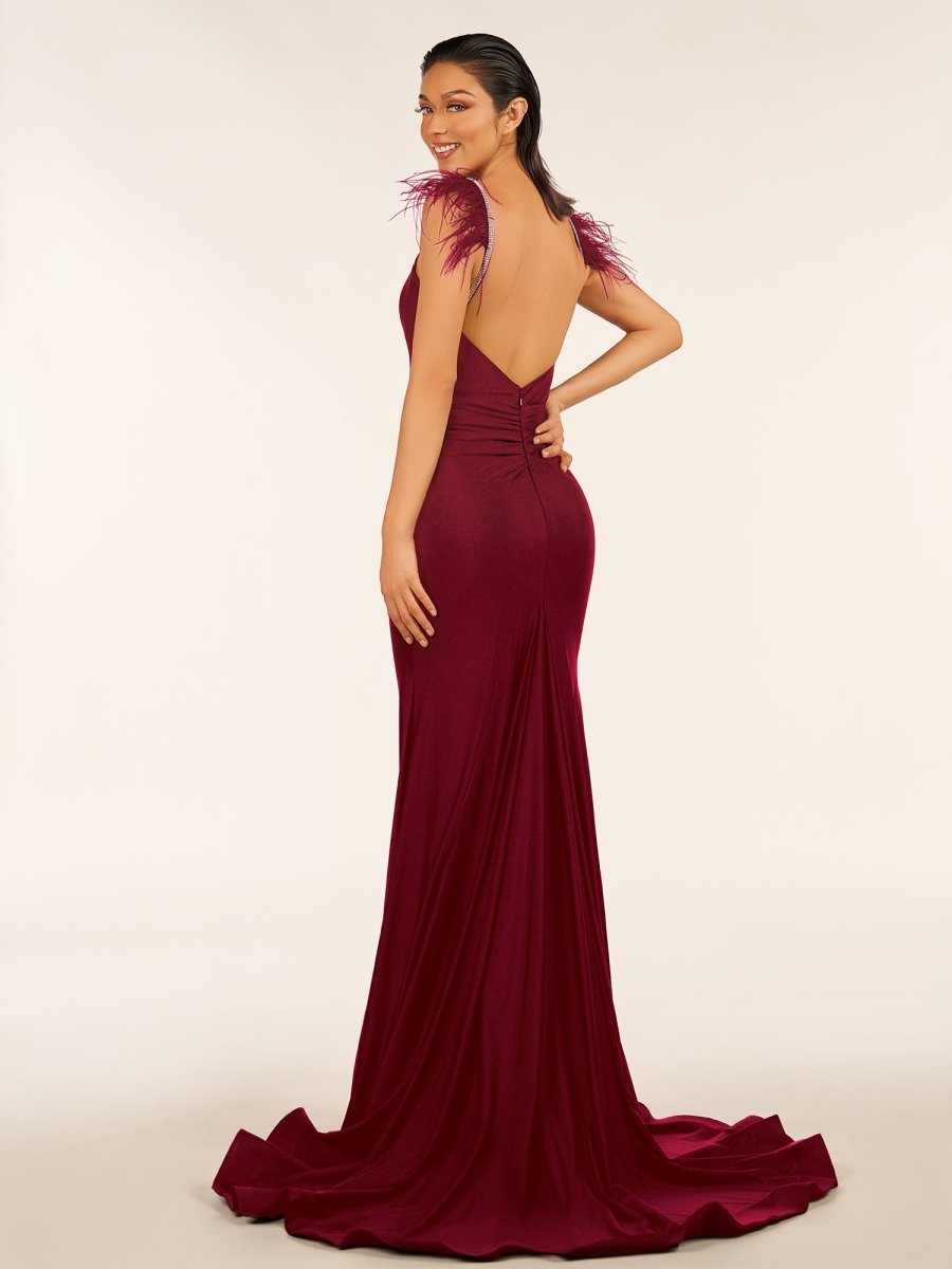 Stephanie |Mermaid Backless Jersey Prom Dress with Feathers - KissProm