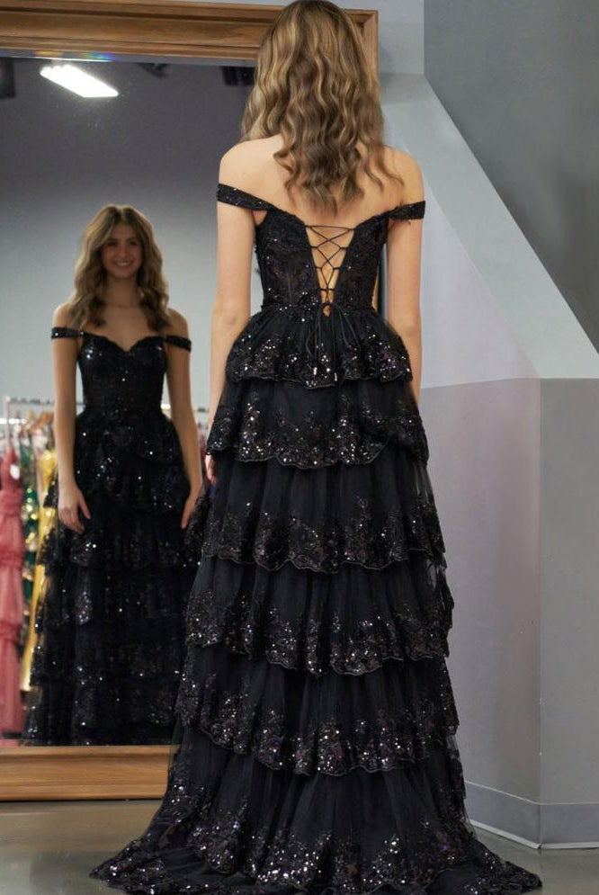 Capri | A - Line Lace Off - the - Shoulder Tiered Long Prom Dress with Slit - KissProm