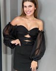 Black Off-the-Shoulder Keyhole Short Party Dress with Balloon Sleeves