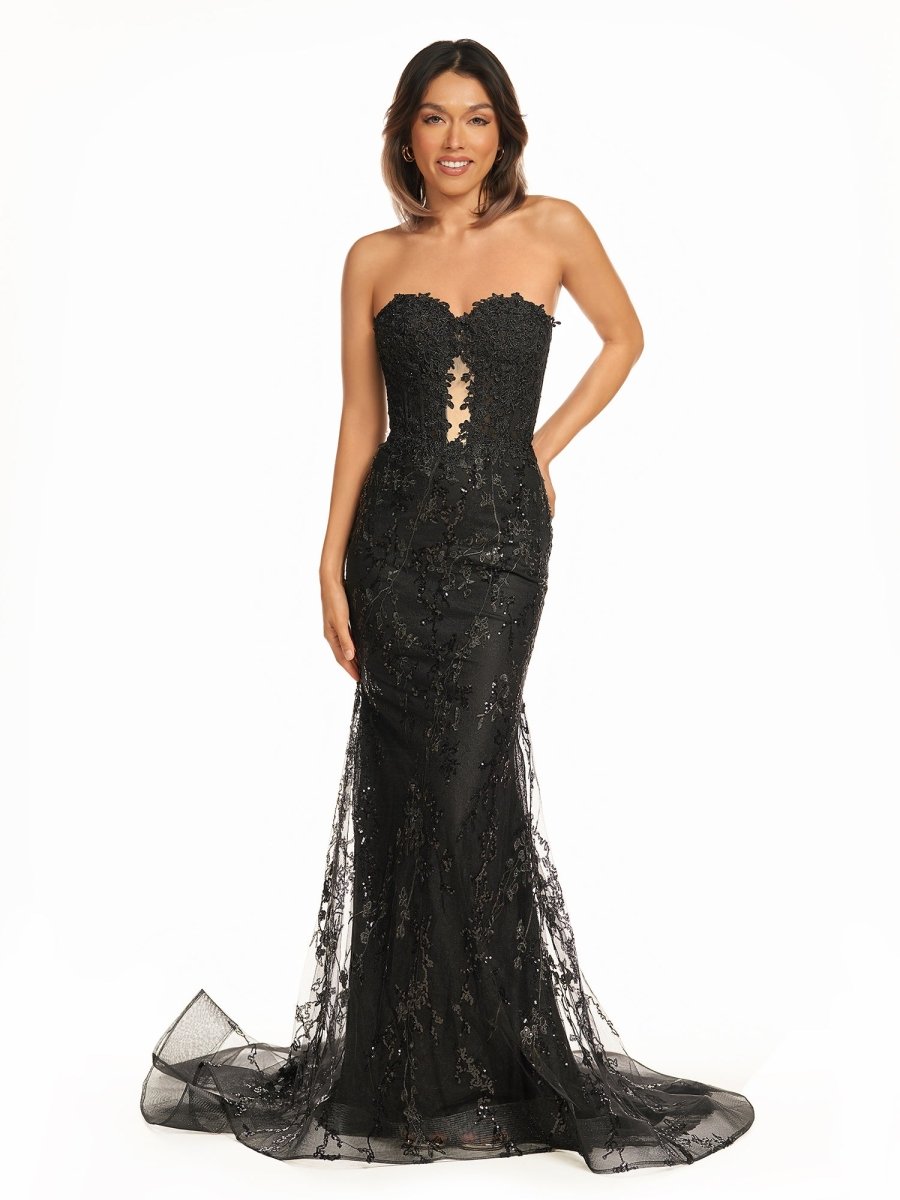 Terry | Black Sweetheart Lace Appliques Mermaid Long Prom Dresses - KissProm
