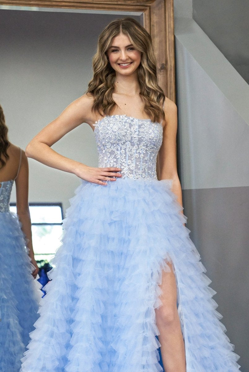 Jordan | Sky Blue A - Line Tiered Sequins Tulle Long Prom Dress - KissProm
