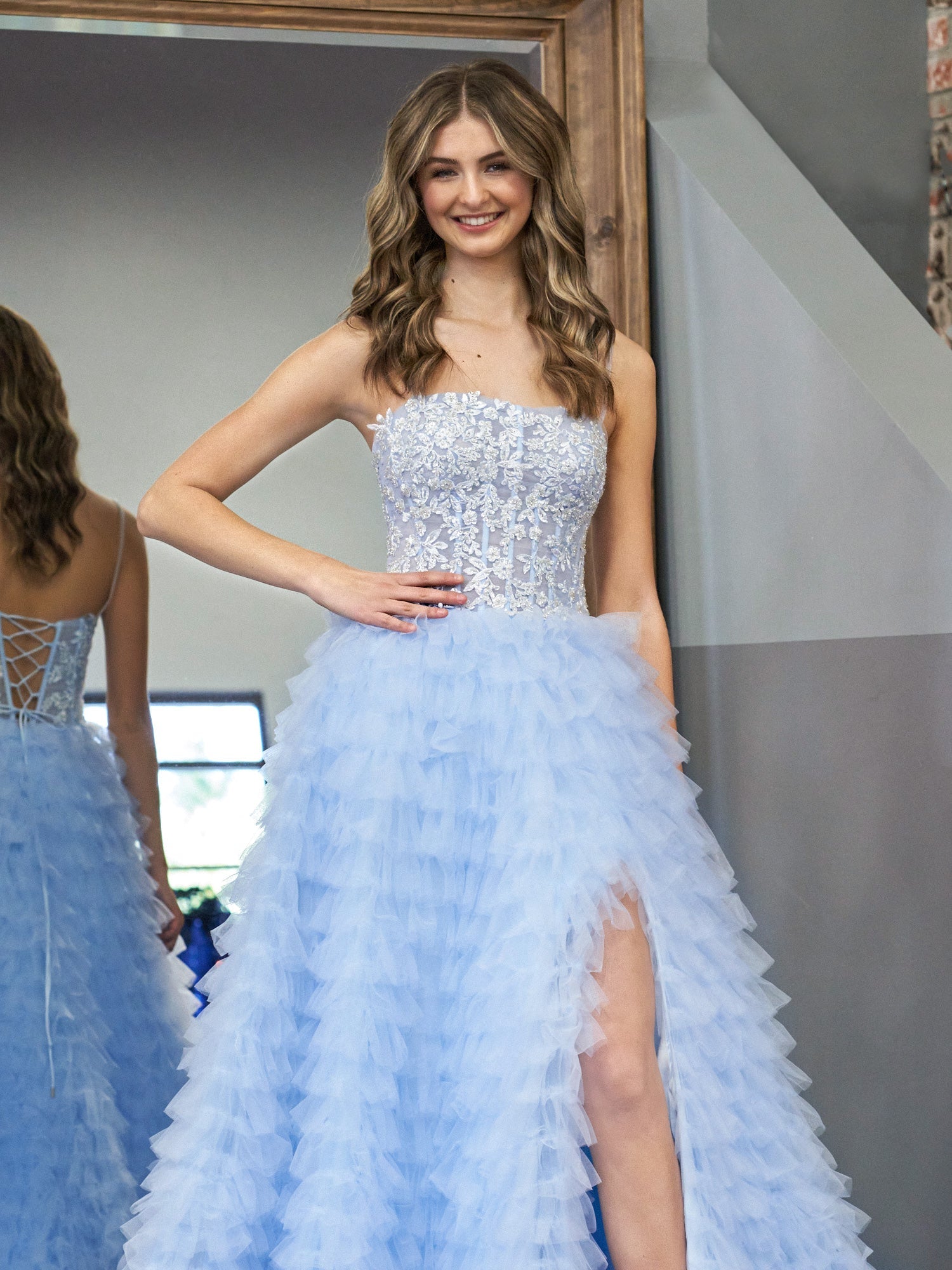 Sky Blue A-Line Tiered Sequins Tulle Long Prom Dress
