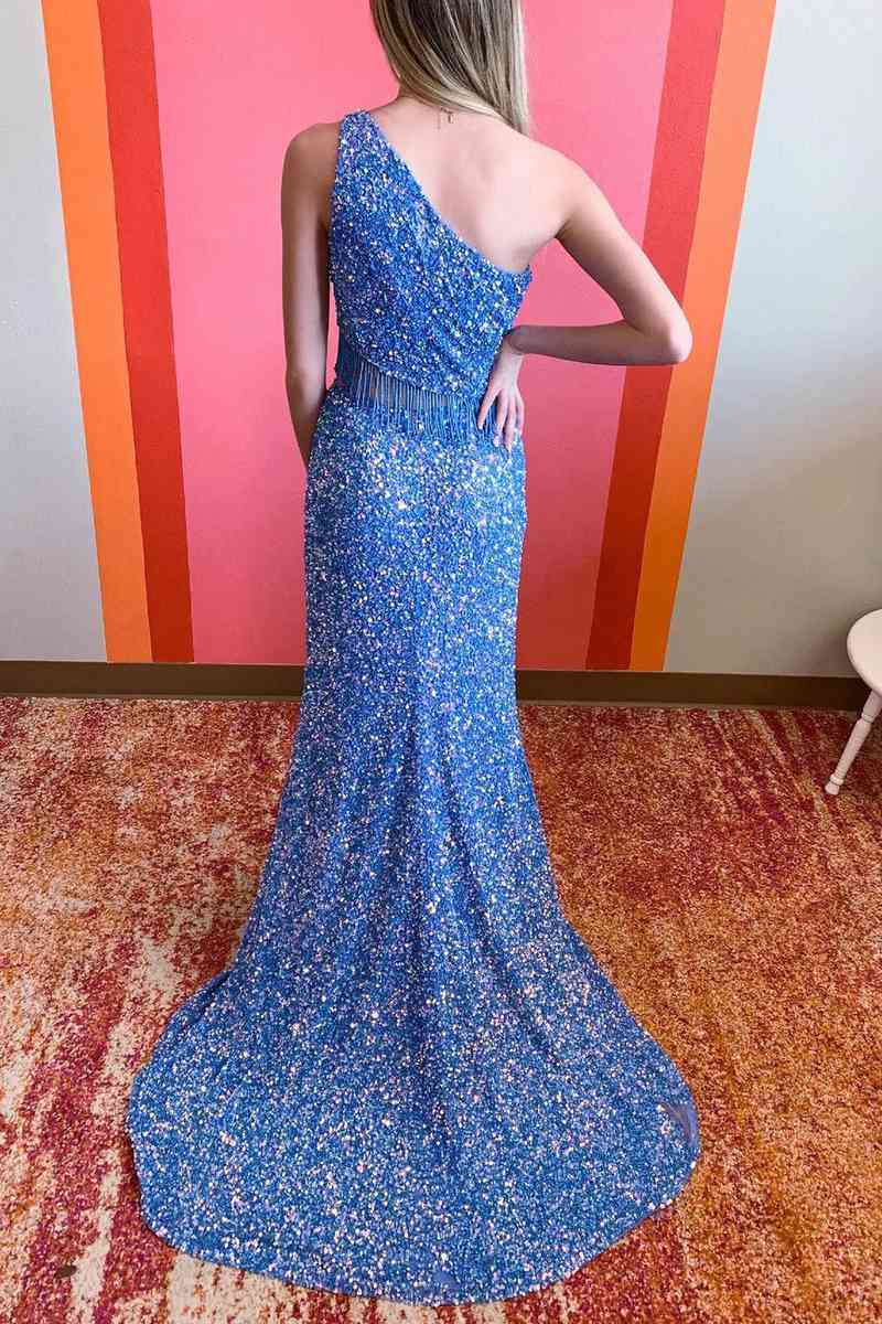 Green Two Piece Sequined One Shoulder Long Party Dress with Tassel