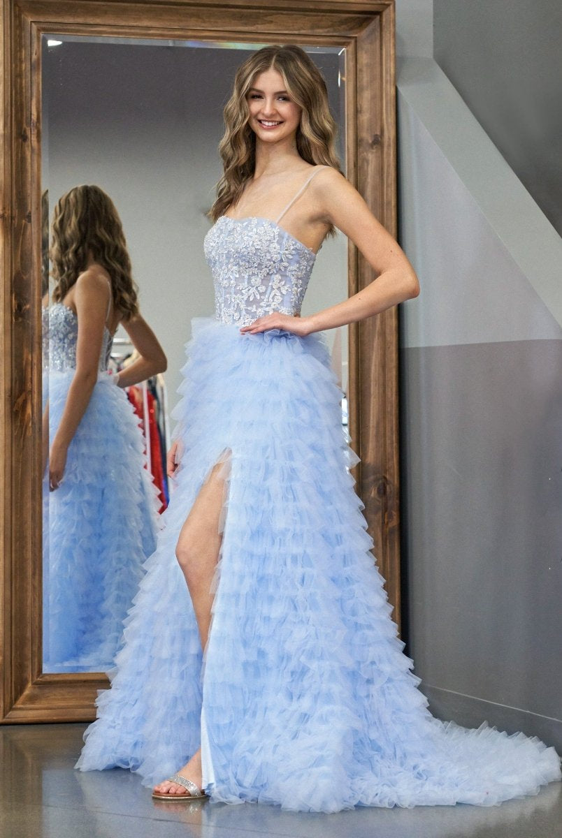 Jordan | Sky Blue A - Line Tiered Sequins Tulle Long Prom Dress - KissProm
