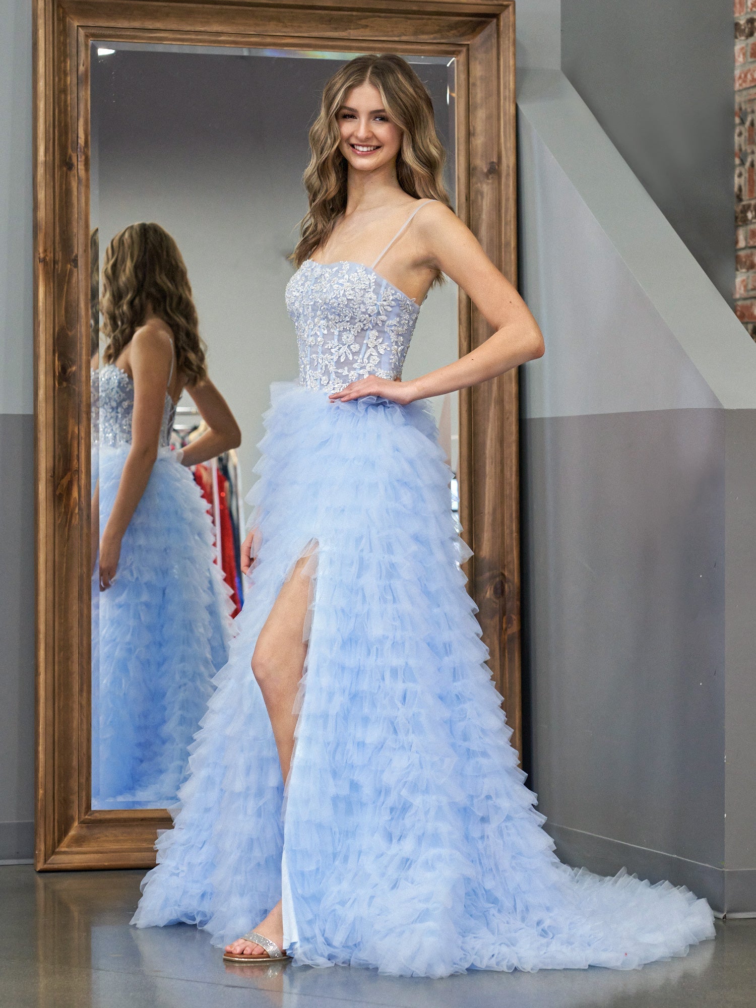 Sky Blue A-Line Tiered Sequins Tulle Long Prom Dress