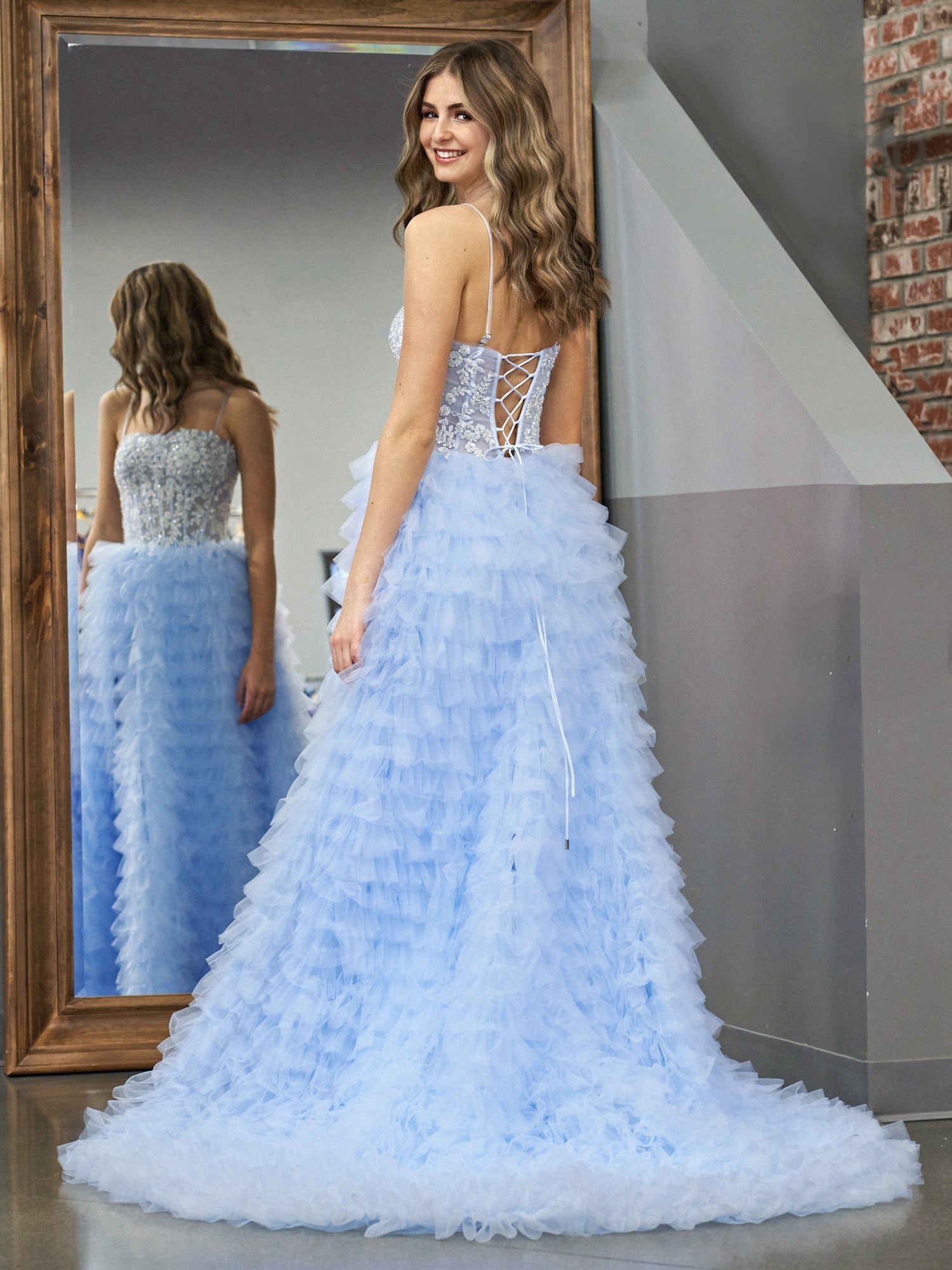 Sky Blue A-Line Tiered Sequins Tulle Long Prom Dress