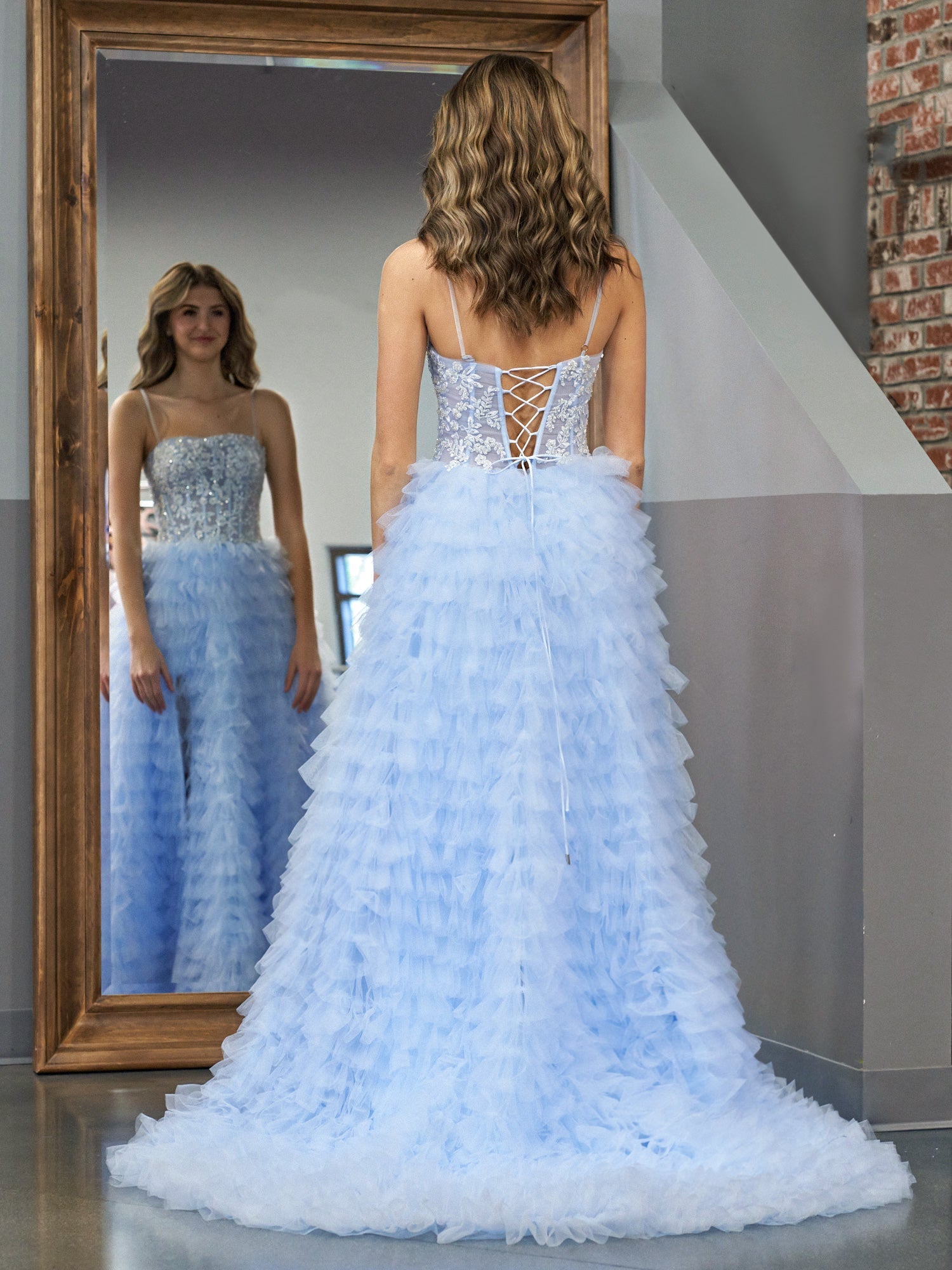 Sky Blue A-Line Tiered Sequins Tulle Long Prom Dress