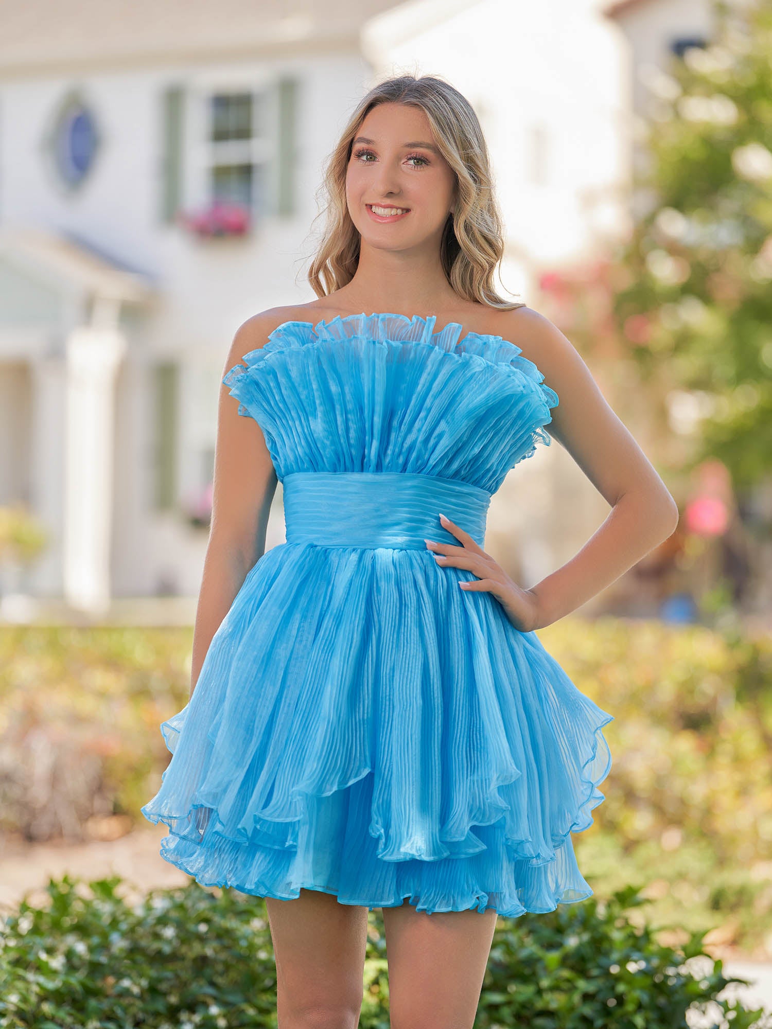 Blue A-Line Strapless Ruffled Short Homecoming Dress