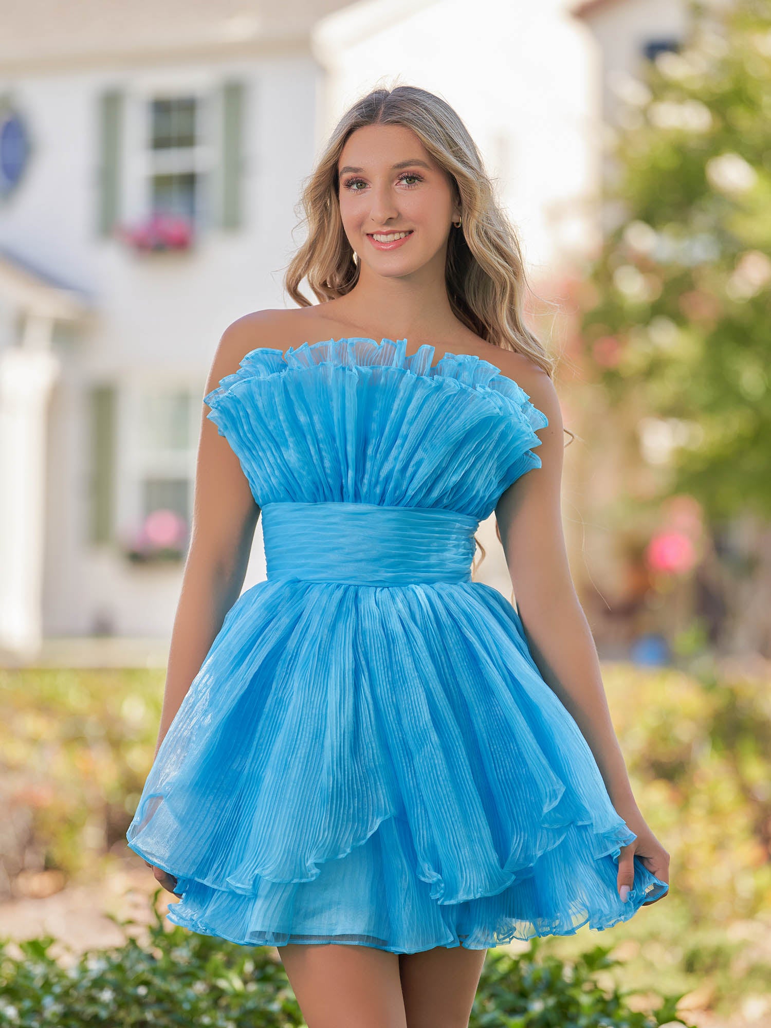 Blue A-Line Strapless Ruffled Short Homecoming Dress