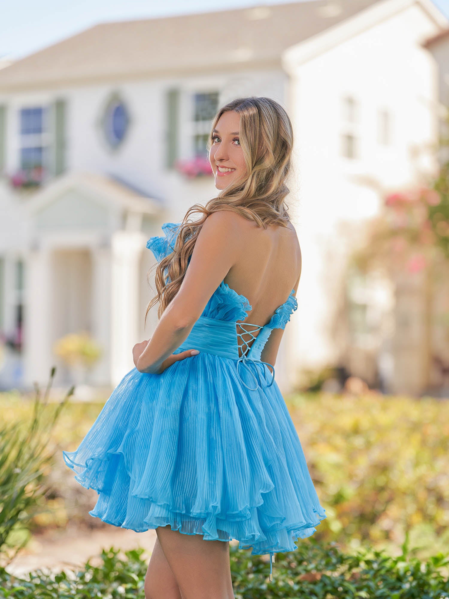 Blue A-Line Strapless Ruffled Short Homecoming Dress