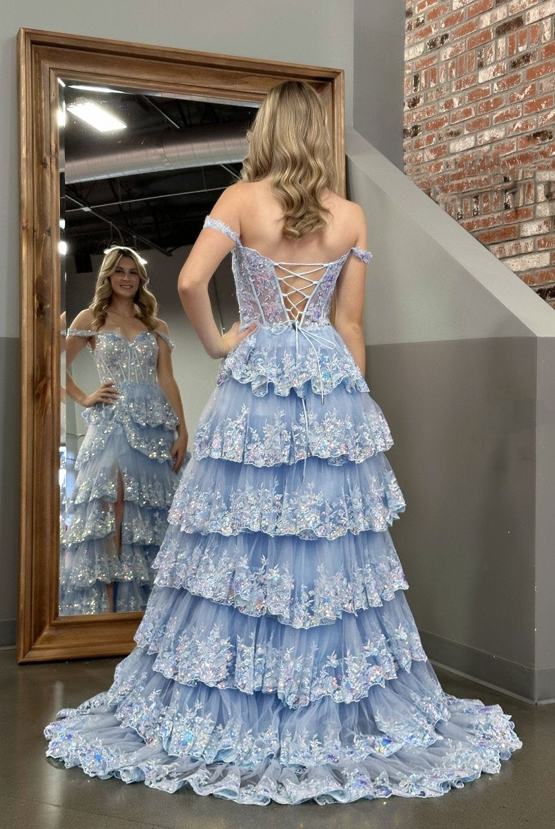 Capri | A - Line Lace Off - the - Shoulder Tiered Long Prom Dress with Slit - KissProm