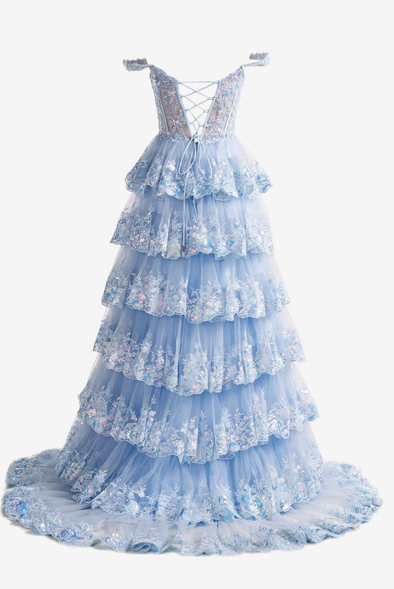Capri | A - Line Lace Off - the - Shoulder Tiered Long Prom Dress with Slit - KissProm