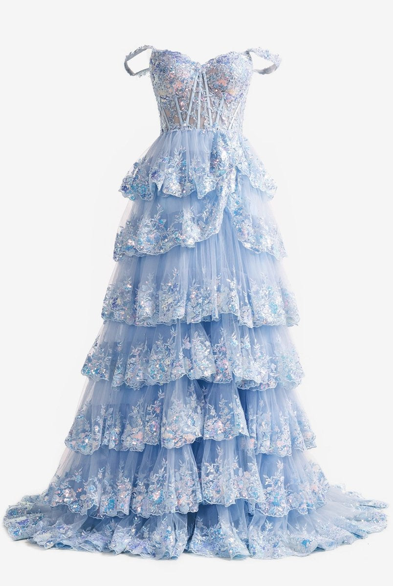 Capri | A - Line Lace Off - the - Shoulder Tiered Long Prom Dress with Slit - KissProm