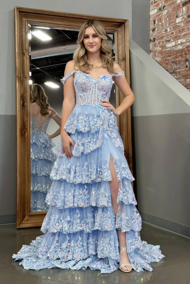 Capri | A - Line Lace Off - the - Shoulder Tiered Long Prom Dress with Slit - KissProm