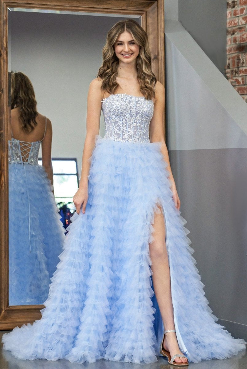 Jordan | Sky Blue A - Line Tiered Sequins Tulle Long Prom Dress - KissProm