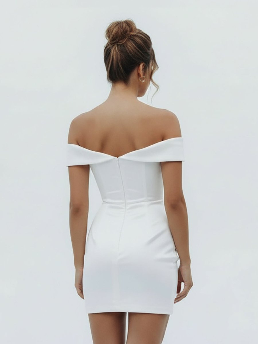 KissDress-Asteria Sheath Off-the Shoulder Satin Simple Wedding Dress Sleeveless Short Hemline
