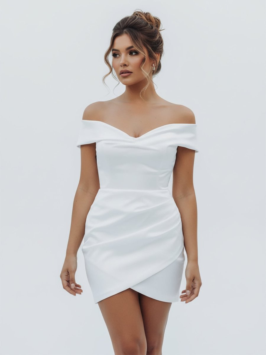 KissDress-Asteria Sheath Off-the Shoulder Satin Simple Wedding Dress Sleeveless Short Hemline