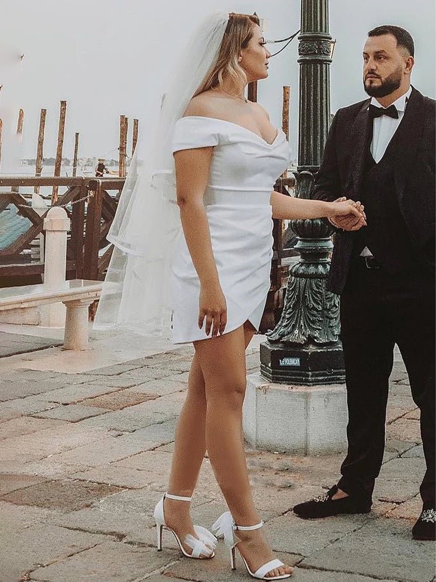 KissDress-Asteria Sheath Off-the Shoulder Satin Simple Wedding Dress Sleeveless Short Hemline