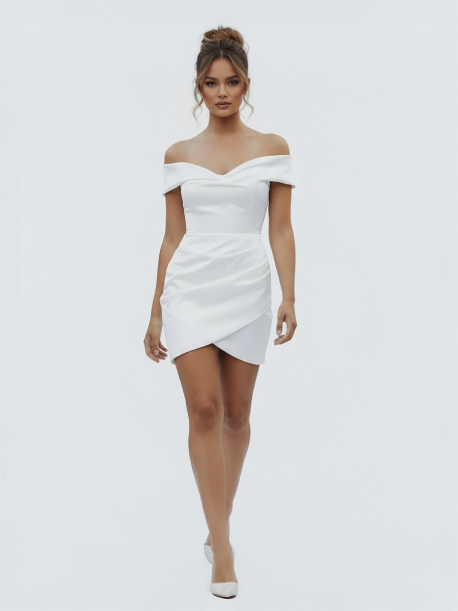 KissDress-Asteria Sheath Off-the Shoulder Satin Simple Wedding Dress Sleeveless Short Hemline
