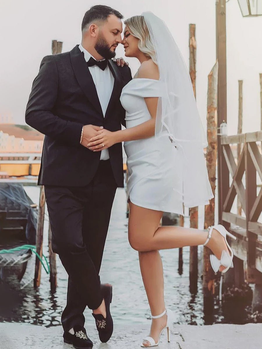 KissDress-Asteria Sheath Off-the Shoulder Satin Simple Wedding Dress Sleeveless Short Hemline