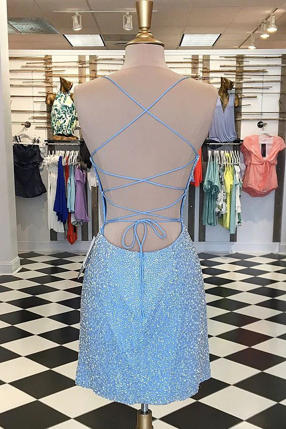 Bodycon Spaghetti Straps Pink Sequins Short Homecoming Dress with Criss Cross Back