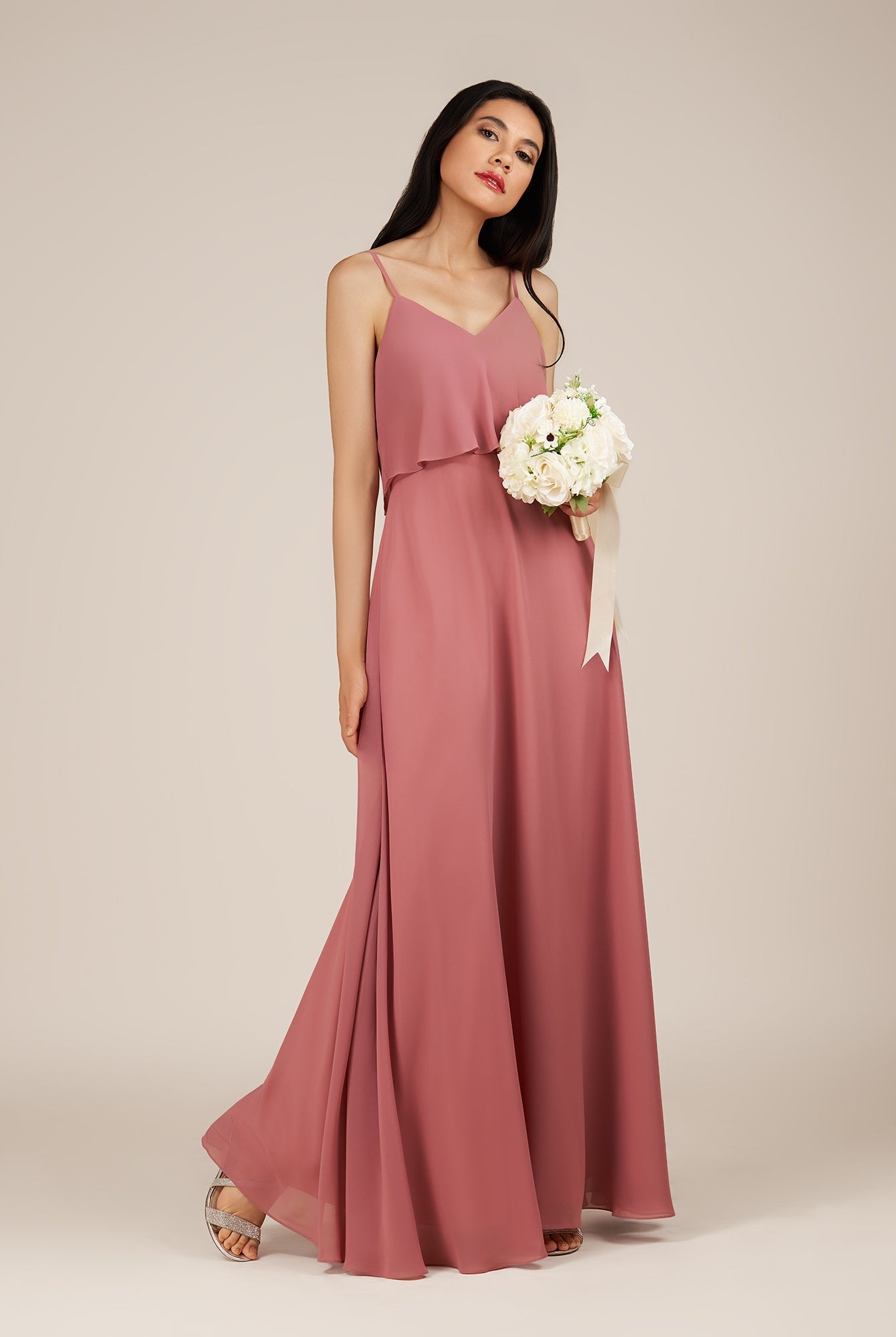 KissDress-Branwyn Mulberry A Line V Neck Chiffon Long Bridesmaid Dress with Ruffles