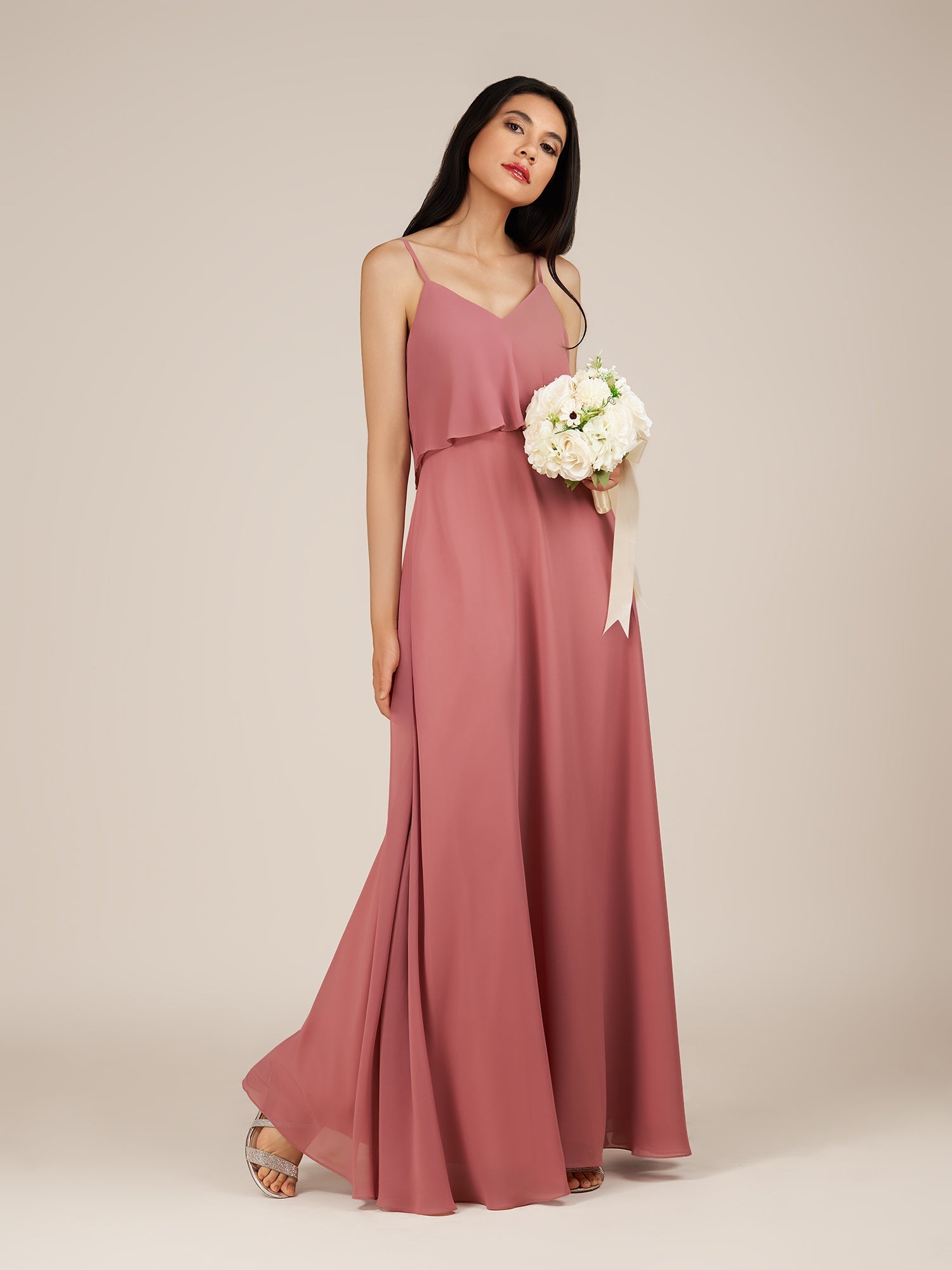 KissDress-Branwyn Mulberry A Line V Neck Chiffon Long Bridesmaid Dress with Ruffles