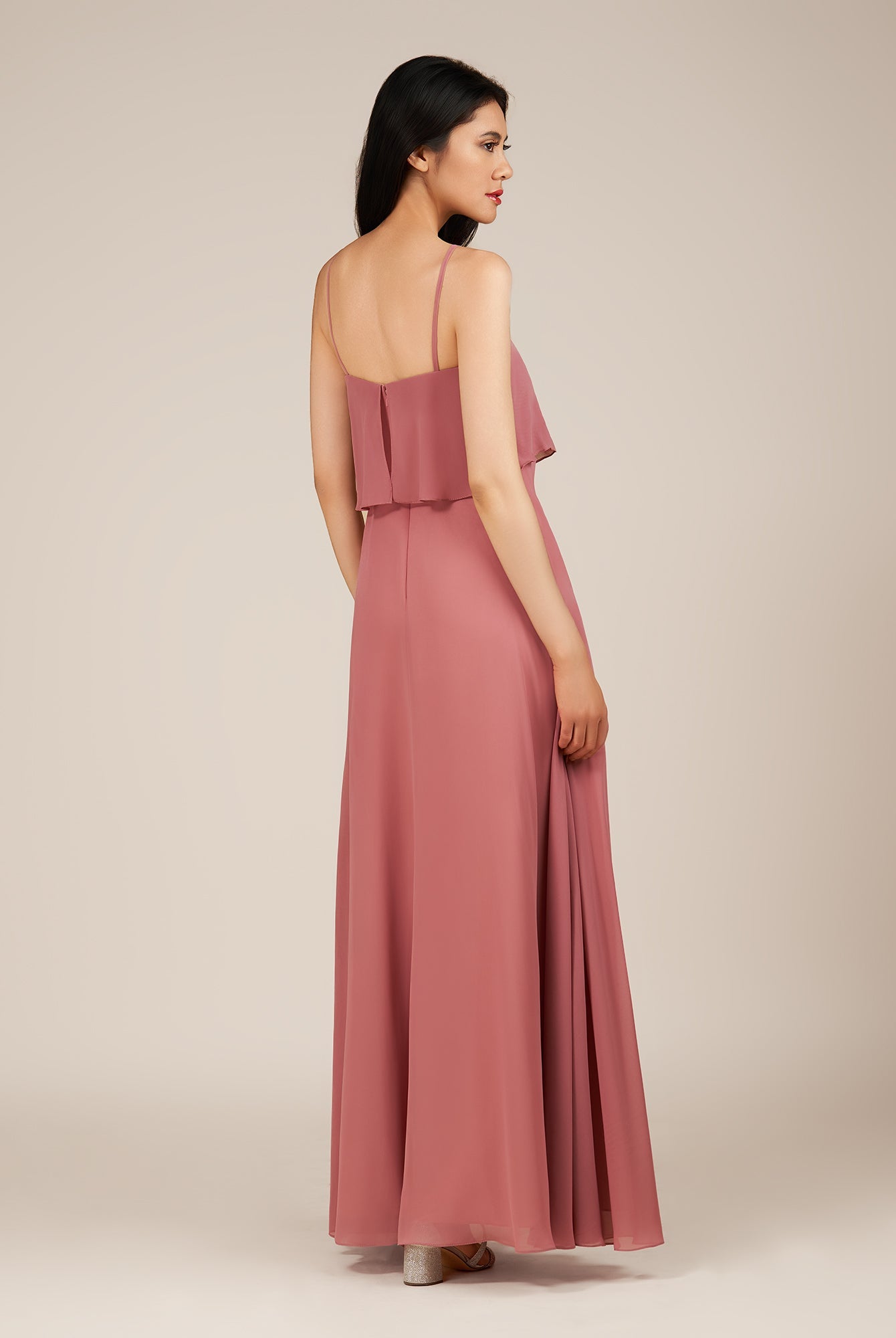 KissDress-Branwyn Mulberry A Line V Neck Chiffon Long Bridesmaid Dress with Ruffles
