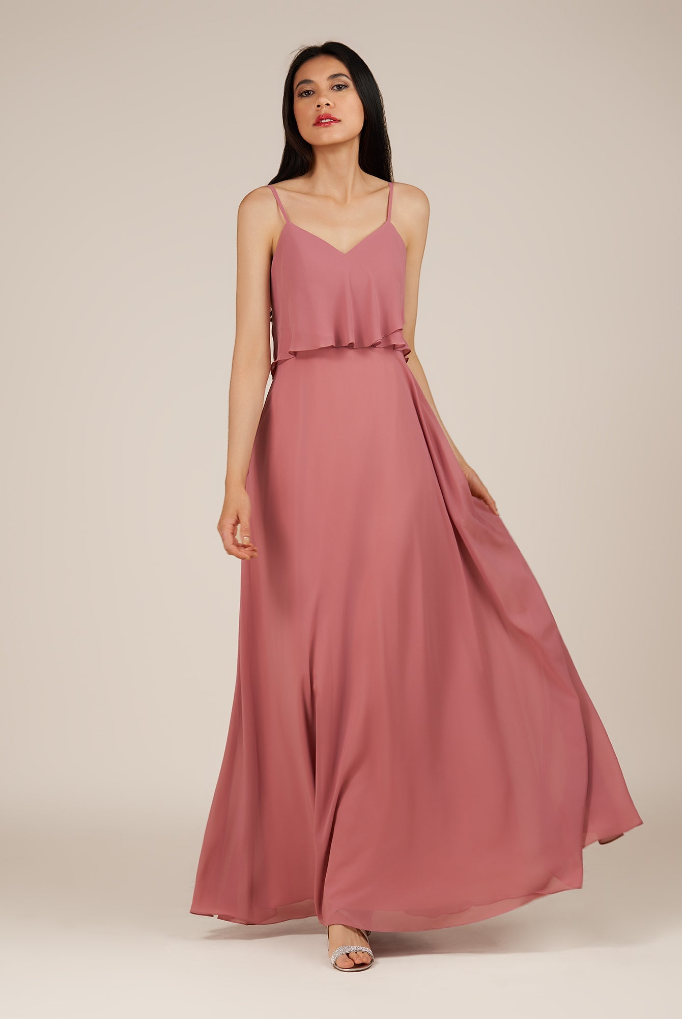 KissDress-Branwyn Mulberry A Line V Neck Chiffon Long Bridesmaid Dress with Ruffles