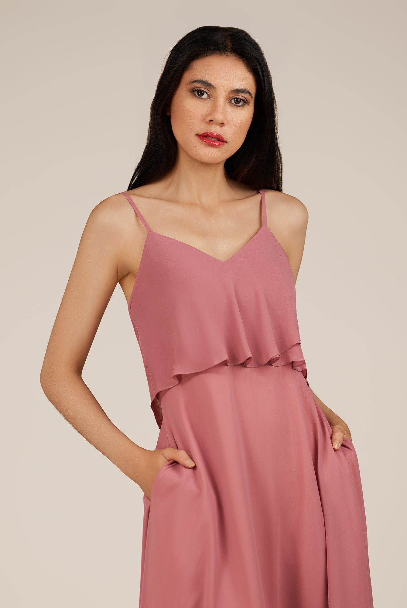 KissDress-Branwyn Mulberry A Line V Neck Chiffon Long Bridesmaid Dress with Ruffles