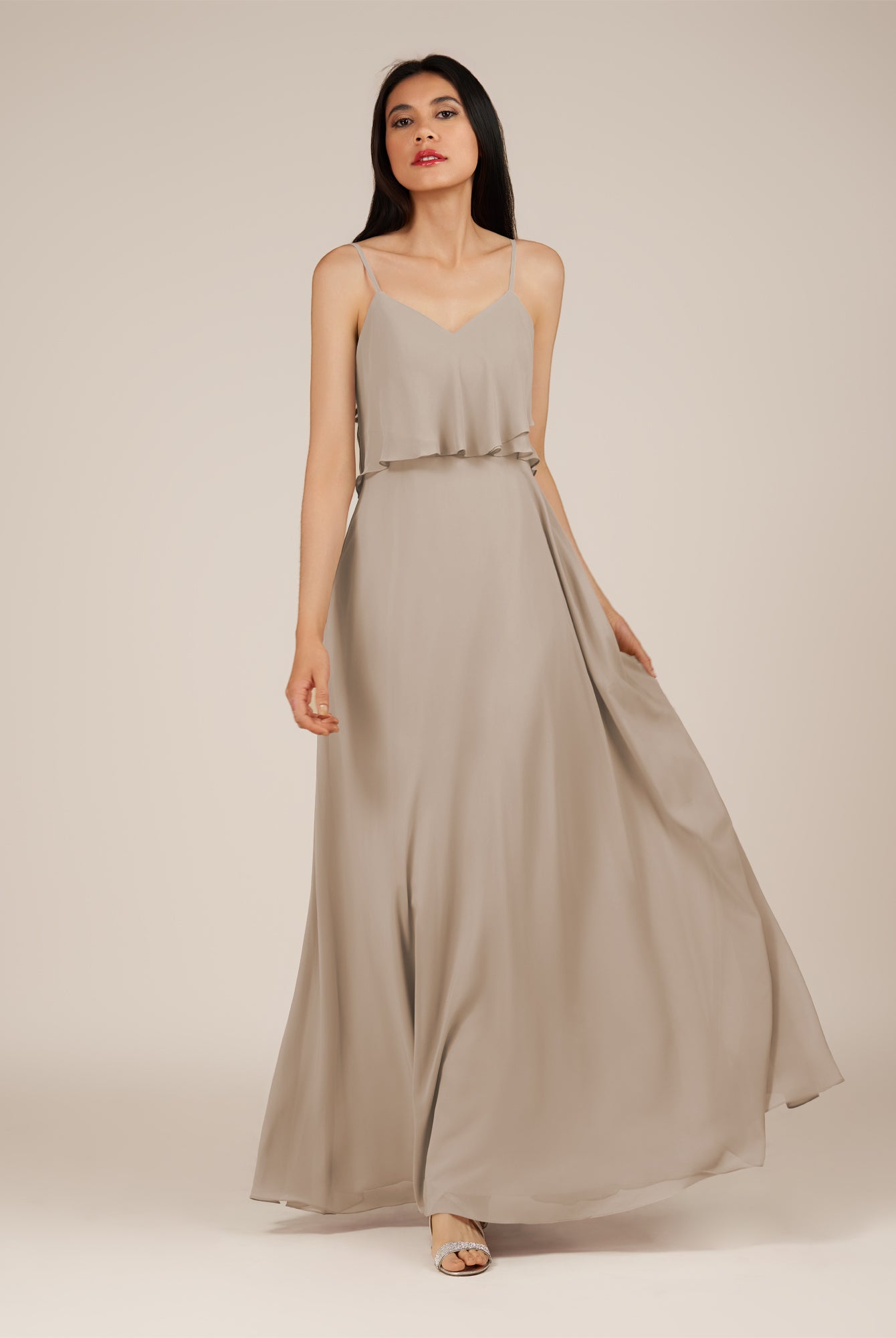 KissDress-Branwyn Almond A Line V Neck Chiffon Long Bridesmaid Dress with Ruffles