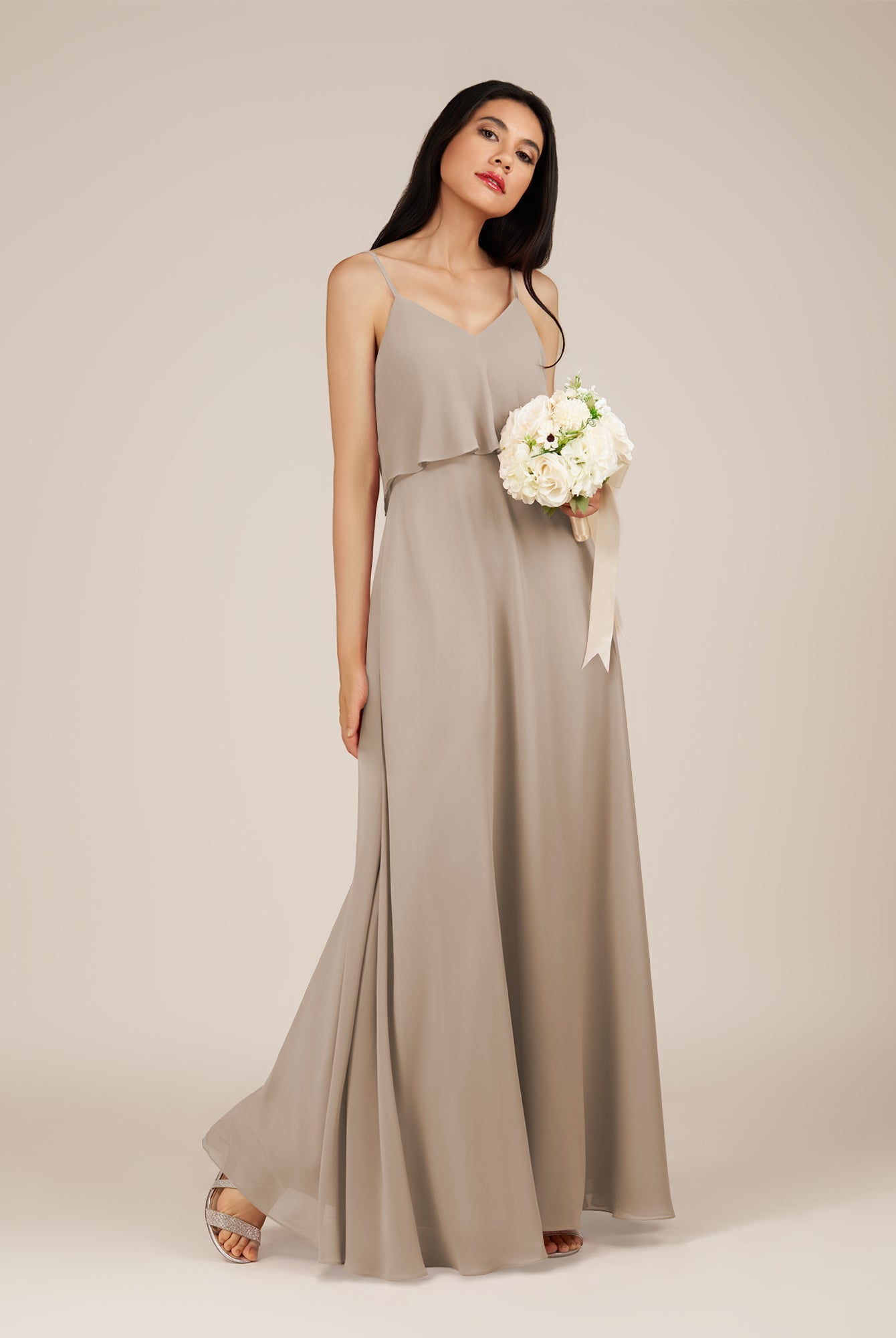 KissDress-Branwyn Almond A Line V Neck Chiffon Long Bridesmaid Dress with Ruffles