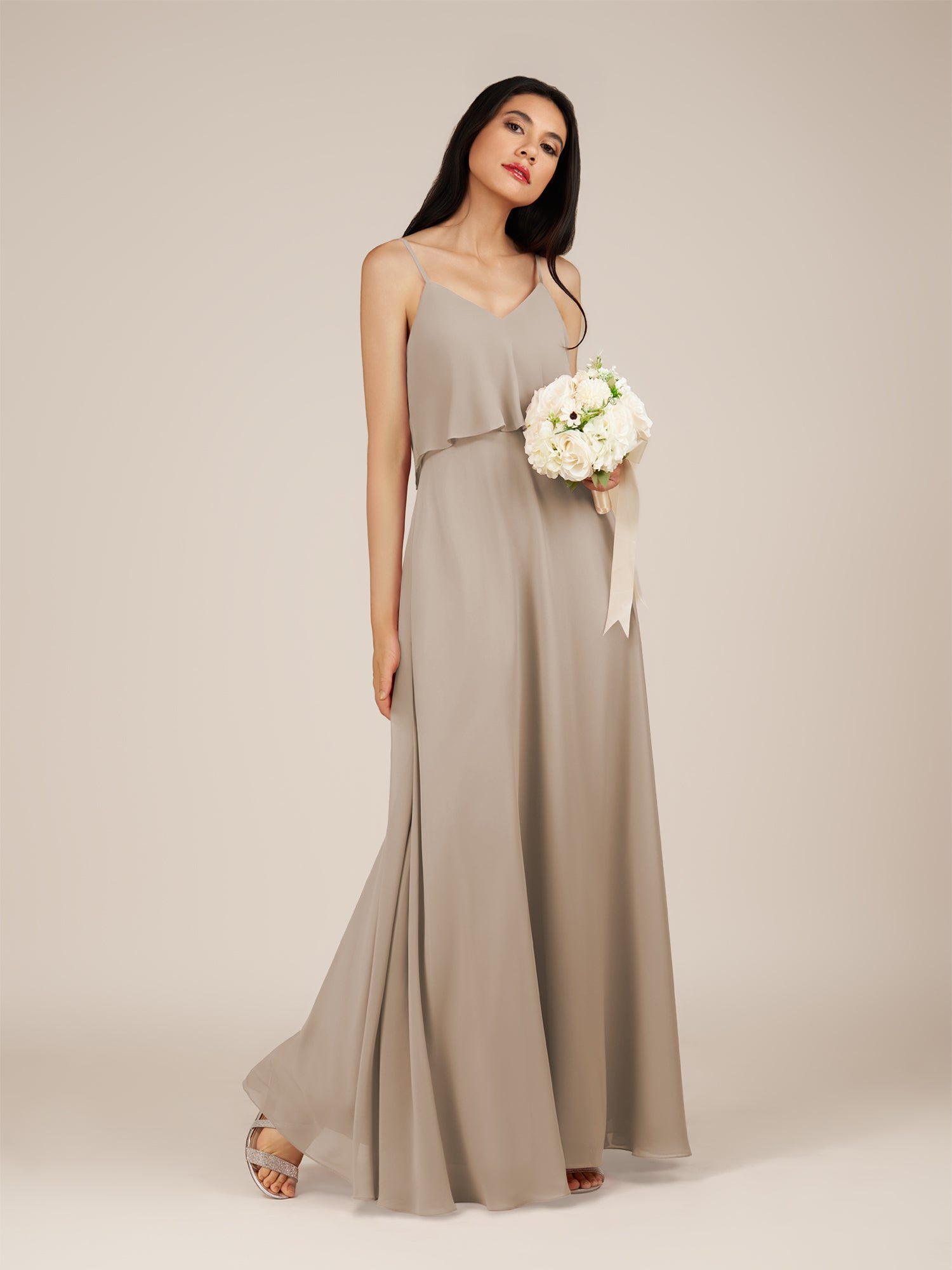 KissDress-Branwyn Almond A Line V Neck Chiffon Long Bridesmaid Dress with Ruffles