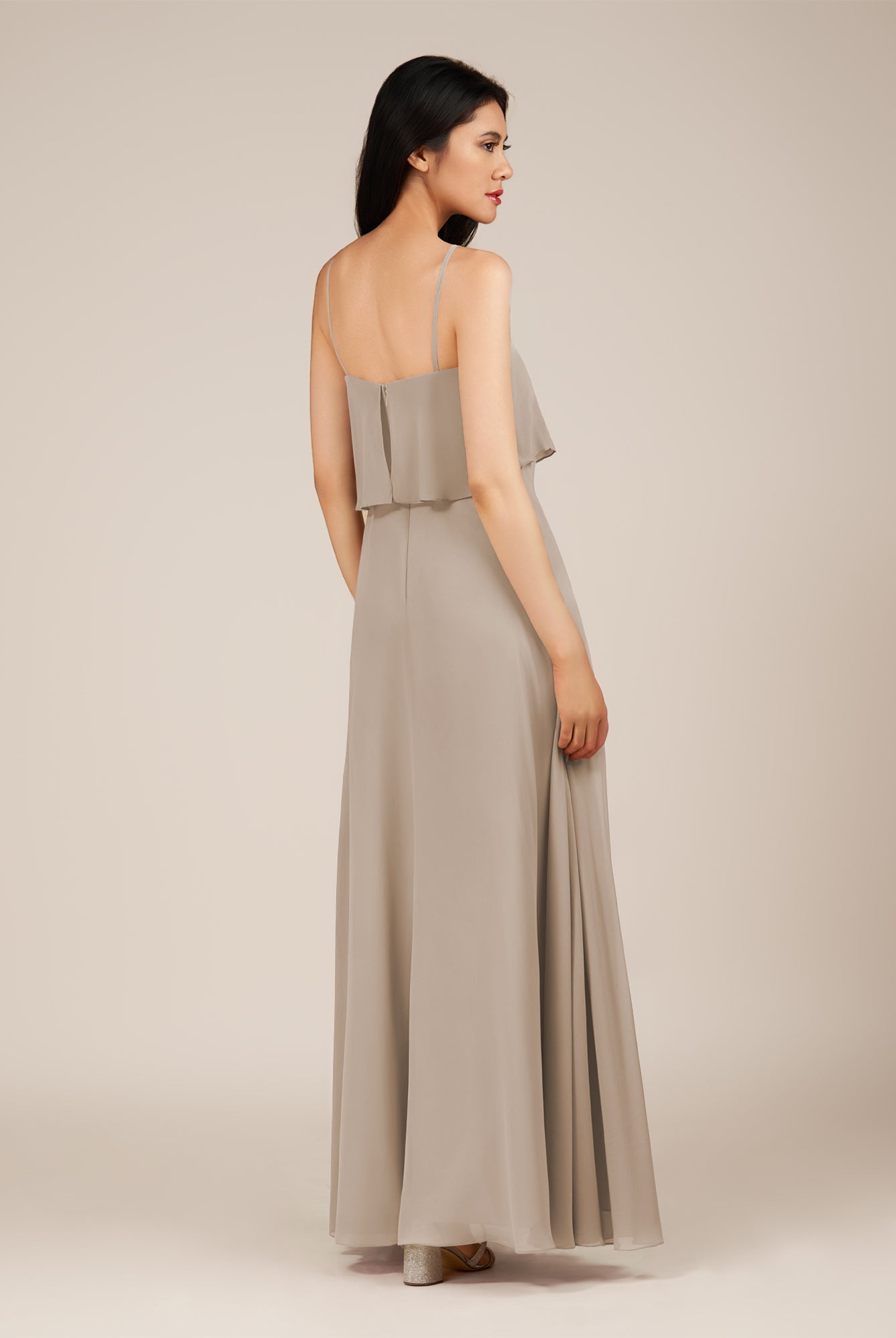 KissDress-Branwyn Almond A Line V Neck Chiffon Long Bridesmaid Dress with Ruffles