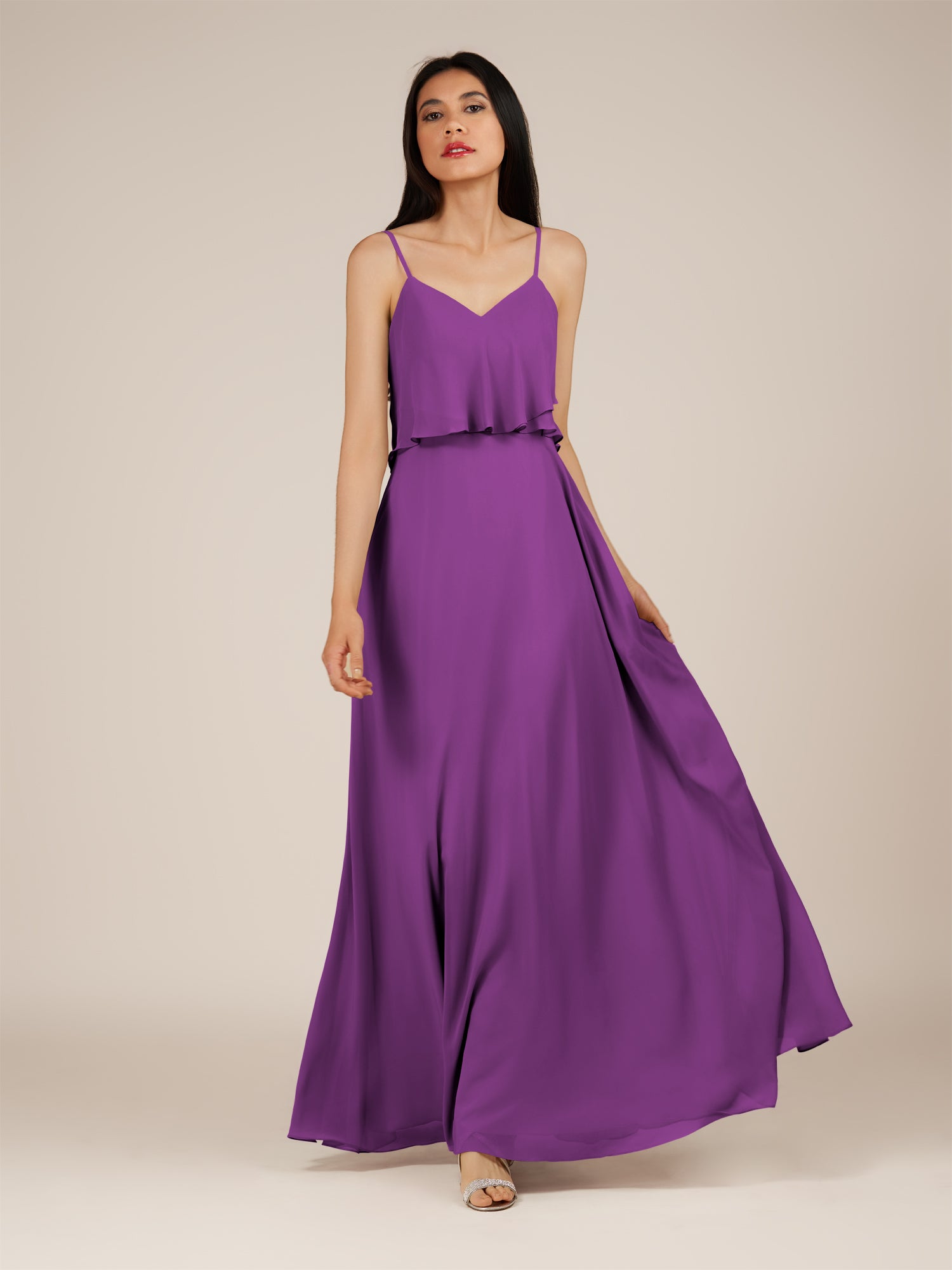 KissDress-Branwyn Amethyst A Line V Neck Chiffon Long Bridesmaid Dress with Ruffles