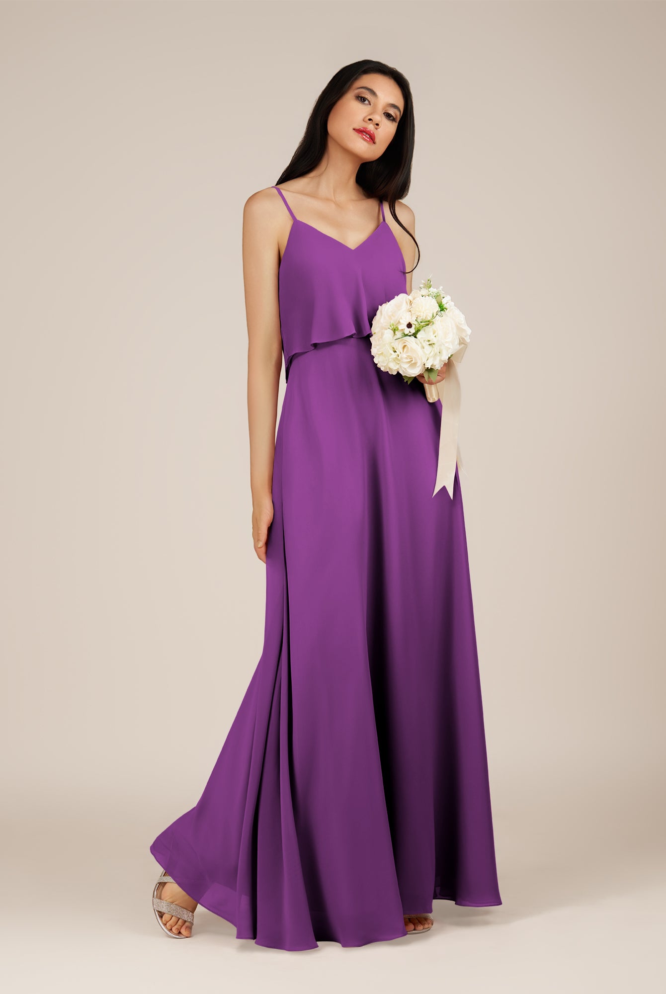 KissDress-Branwyn Amethyst A Line V Neck Chiffon Long Bridesmaid Dress with Ruffles