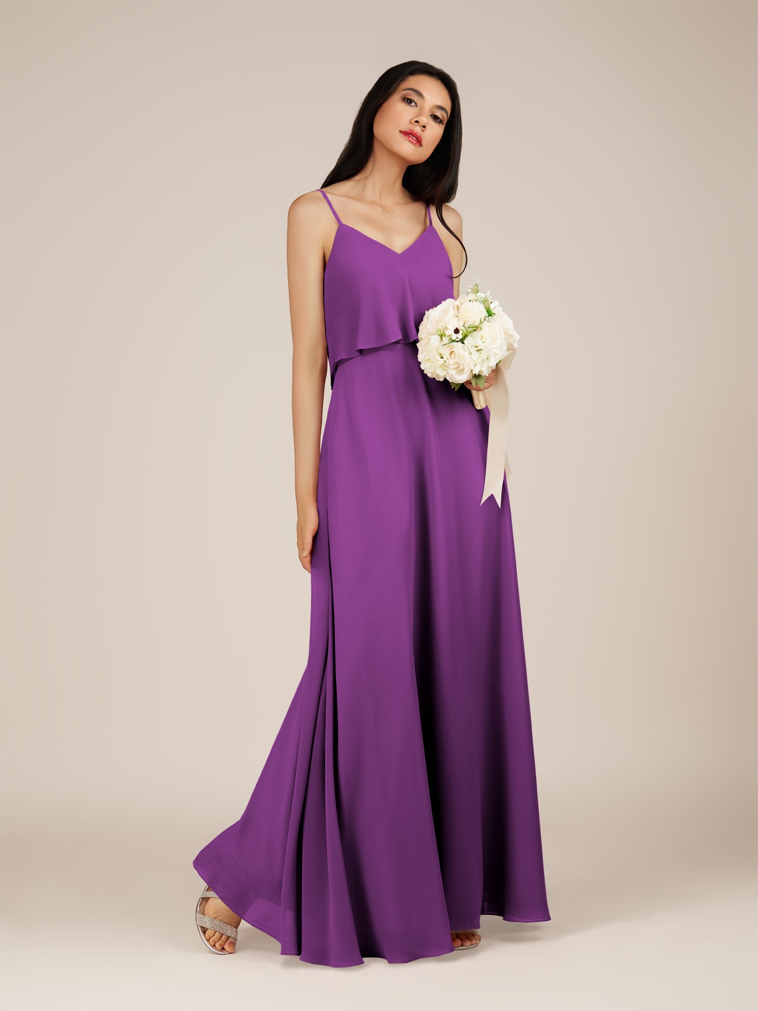 KissDress-Branwyn Amethyst A Line V Neck Chiffon Long Bridesmaid Dress with Ruffles