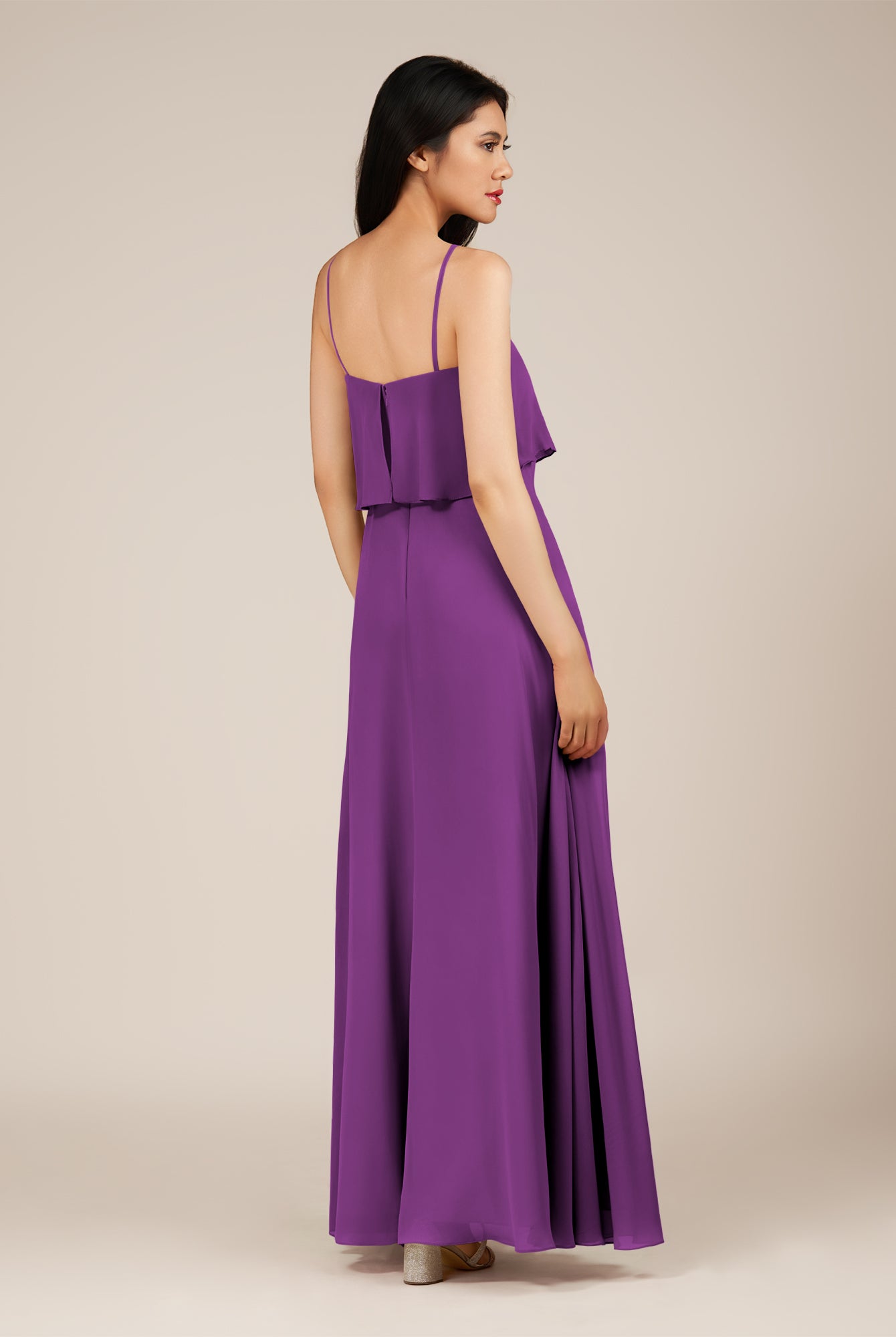 KissDress-Branwyn Amethyst A Line V Neck Chiffon Long Bridesmaid Dress with Ruffles