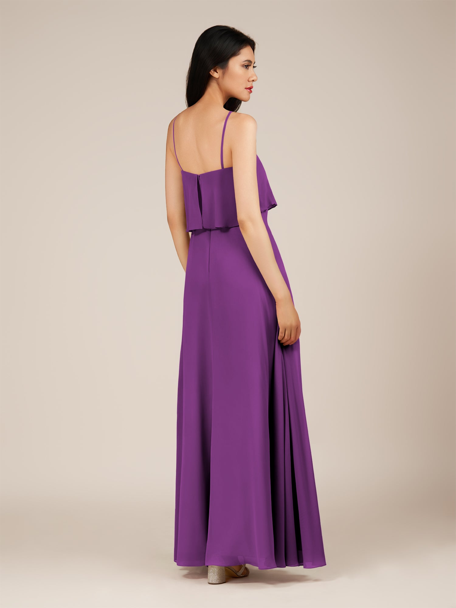KissDress-Branwyn Amethyst A Line V Neck Chiffon Long Bridesmaid Dress with Ruffles