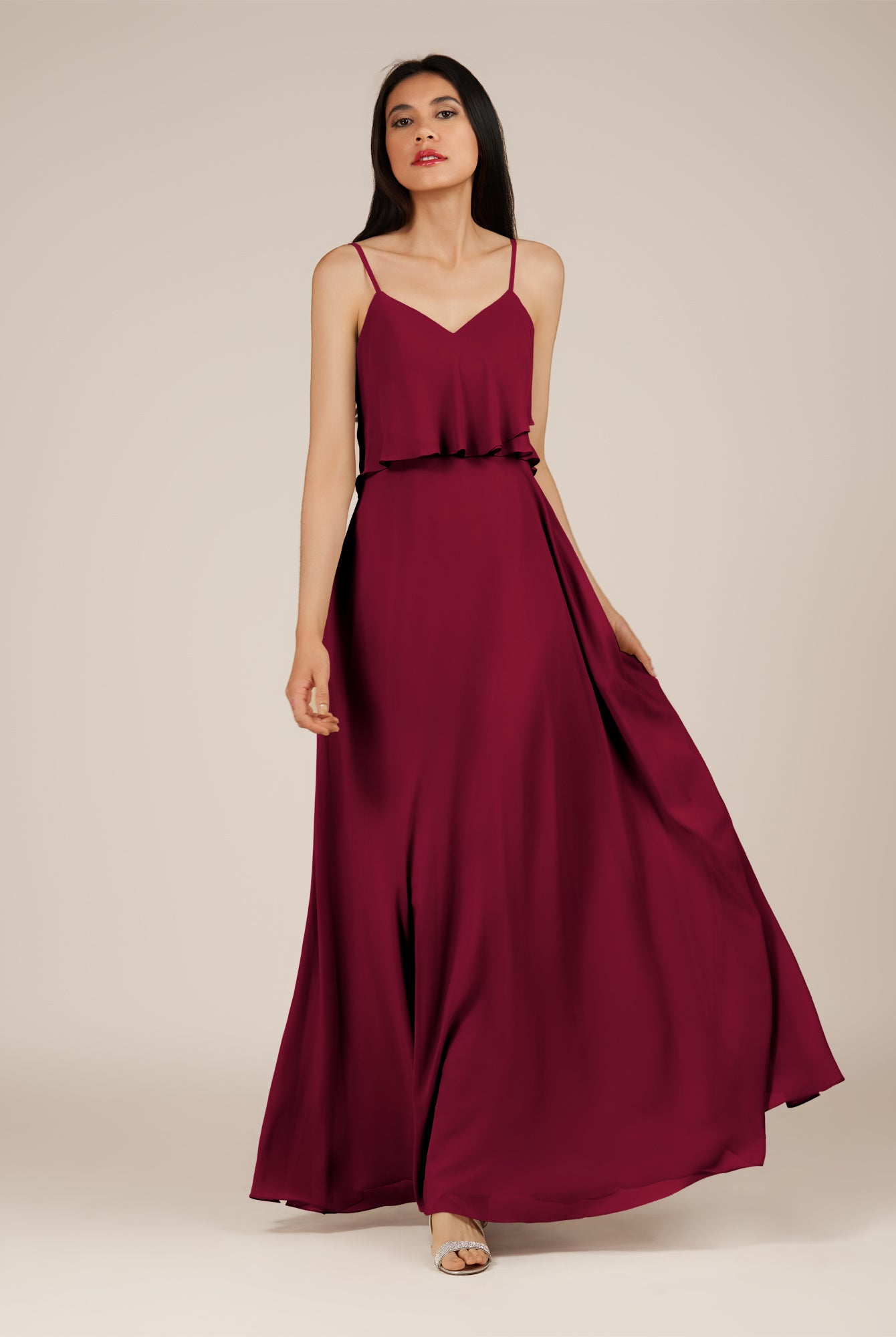 KissDress-Branwyn Berry A Line V Neck Chiffon Long Bridesmaid Dress with Ruffles