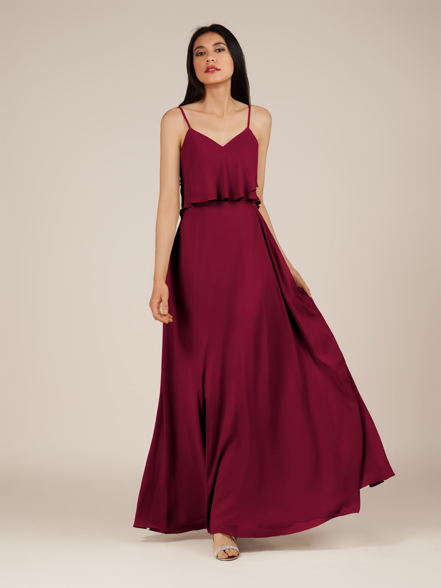 KissDress-Branwyn Berry A Line V Neck Chiffon Long Bridesmaid Dress with Ruffles