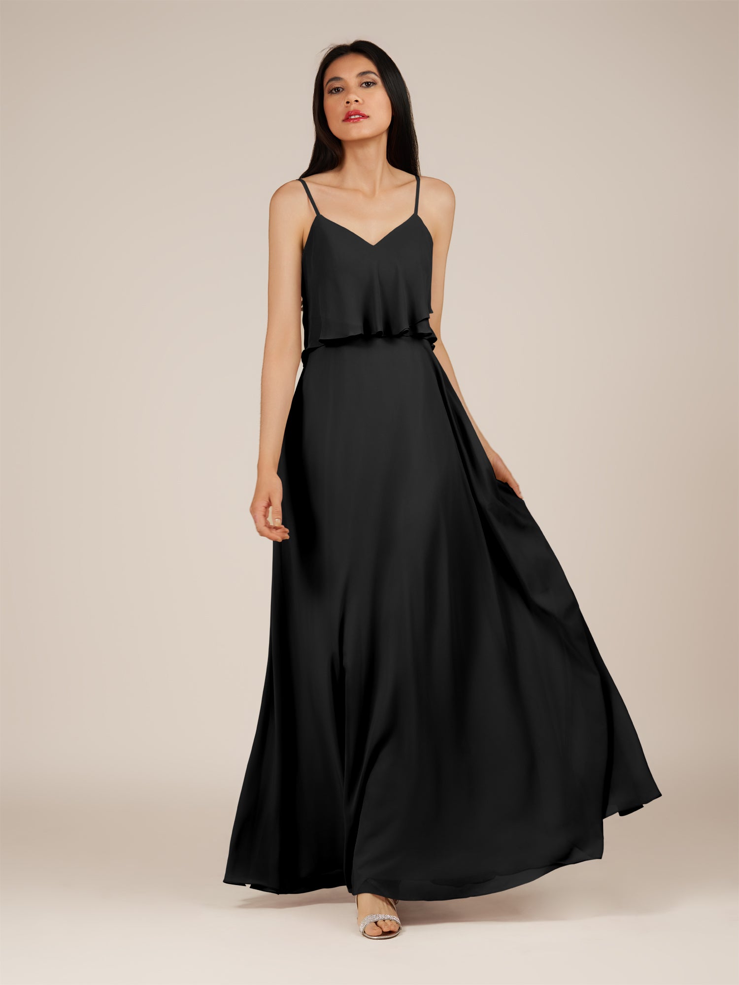 KissDress-Branwyn Black A Line V Neck Chiffon Long Bridesmaid Dress with Ruffles