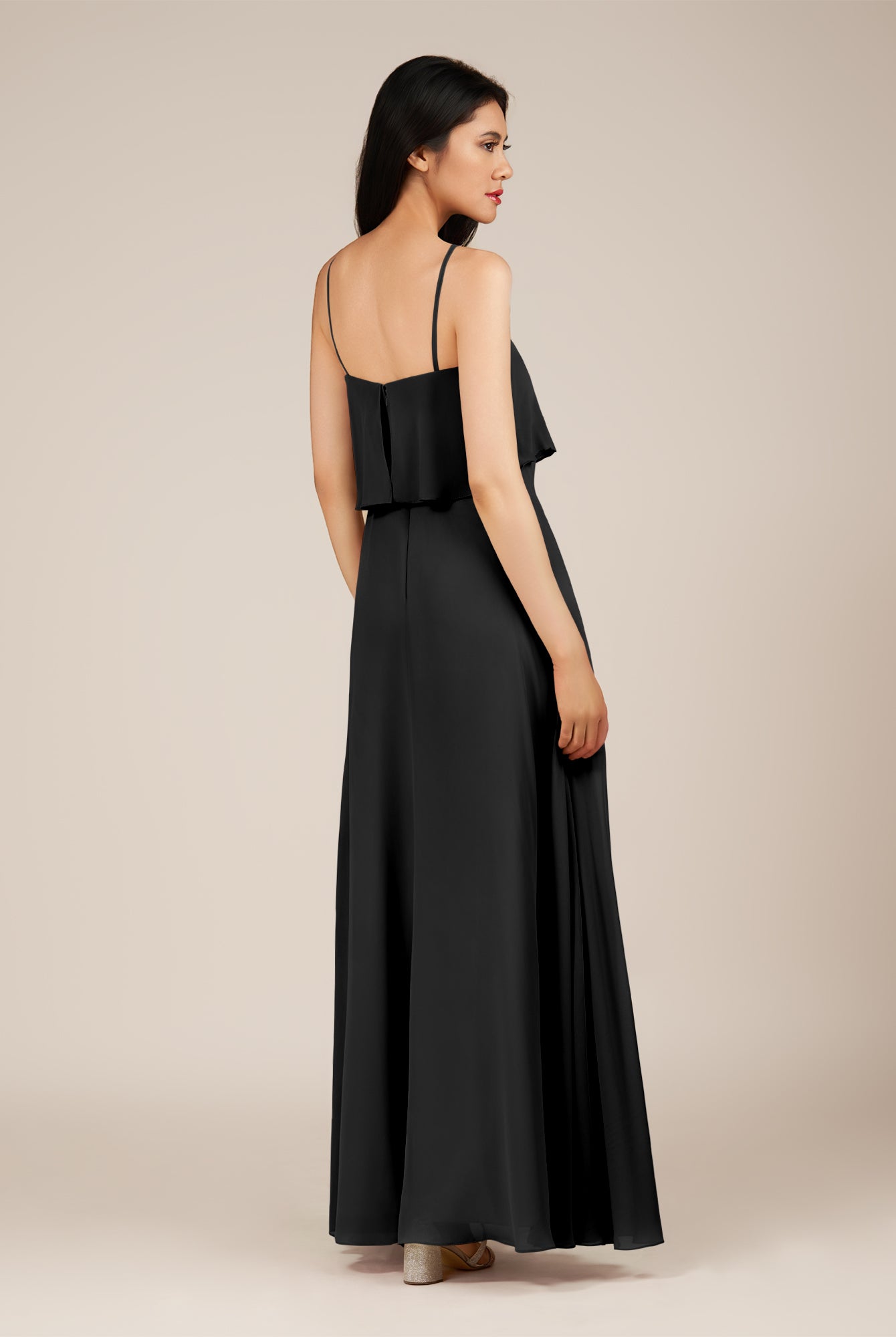 KissDress-Branwyn Black A Line V Neck Chiffon Long Bridesmaid Dress with Ruffles