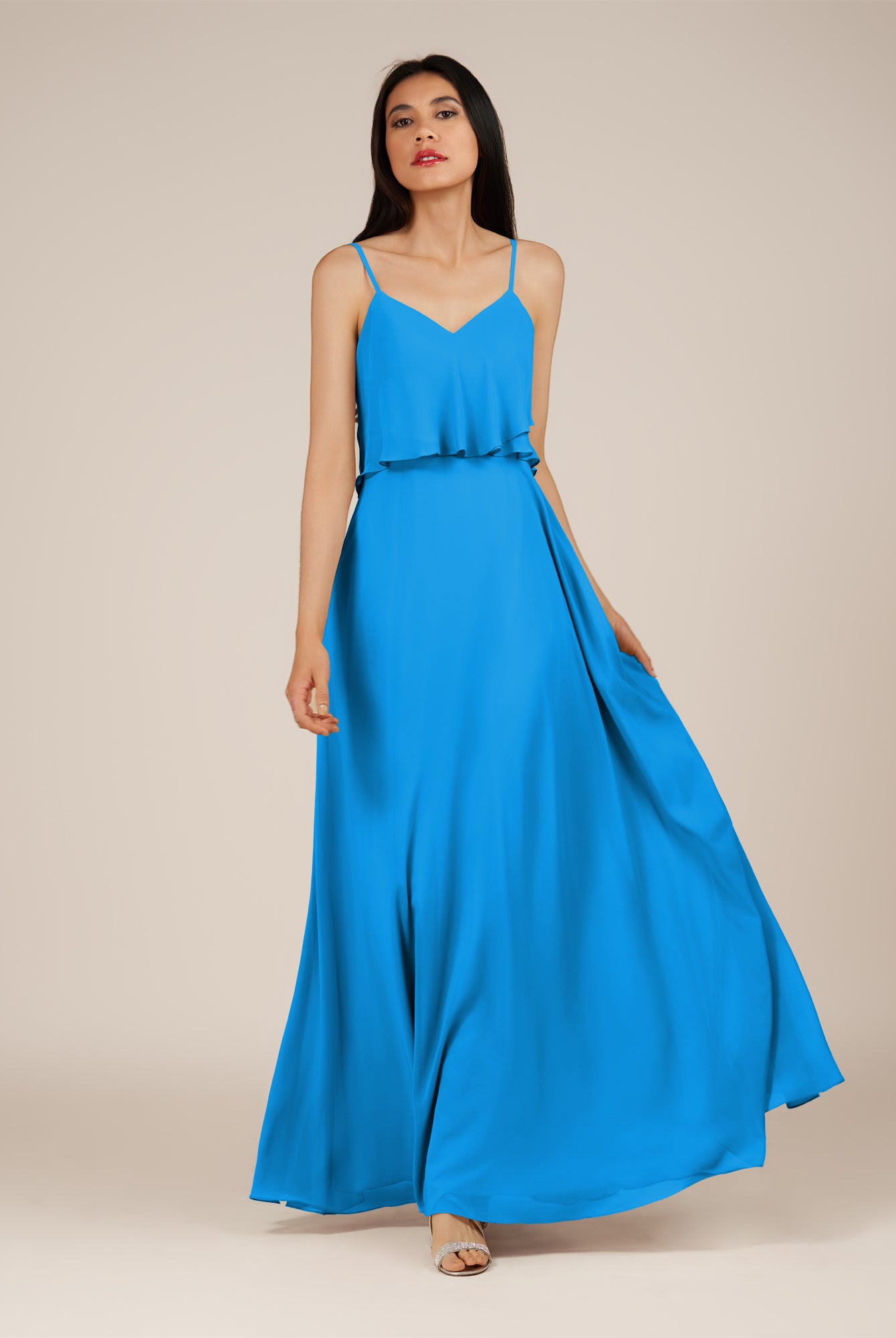 KissDress-Branwyn Blue Jay A Line V Neck Chiffon Long Bridesmaid Dress with Ruffles