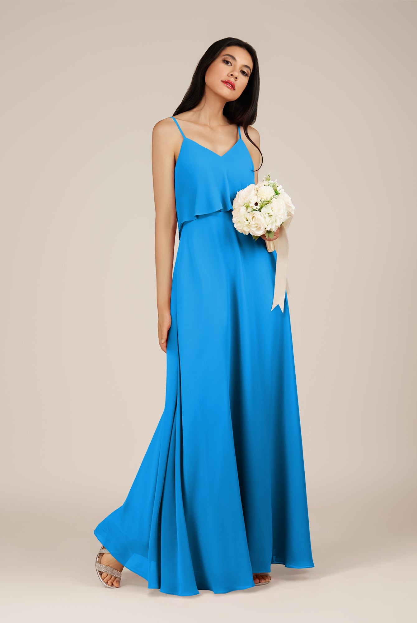 KissDress-Branwyn Blue Jay A Line V Neck Chiffon Long Bridesmaid Dress with Ruffles