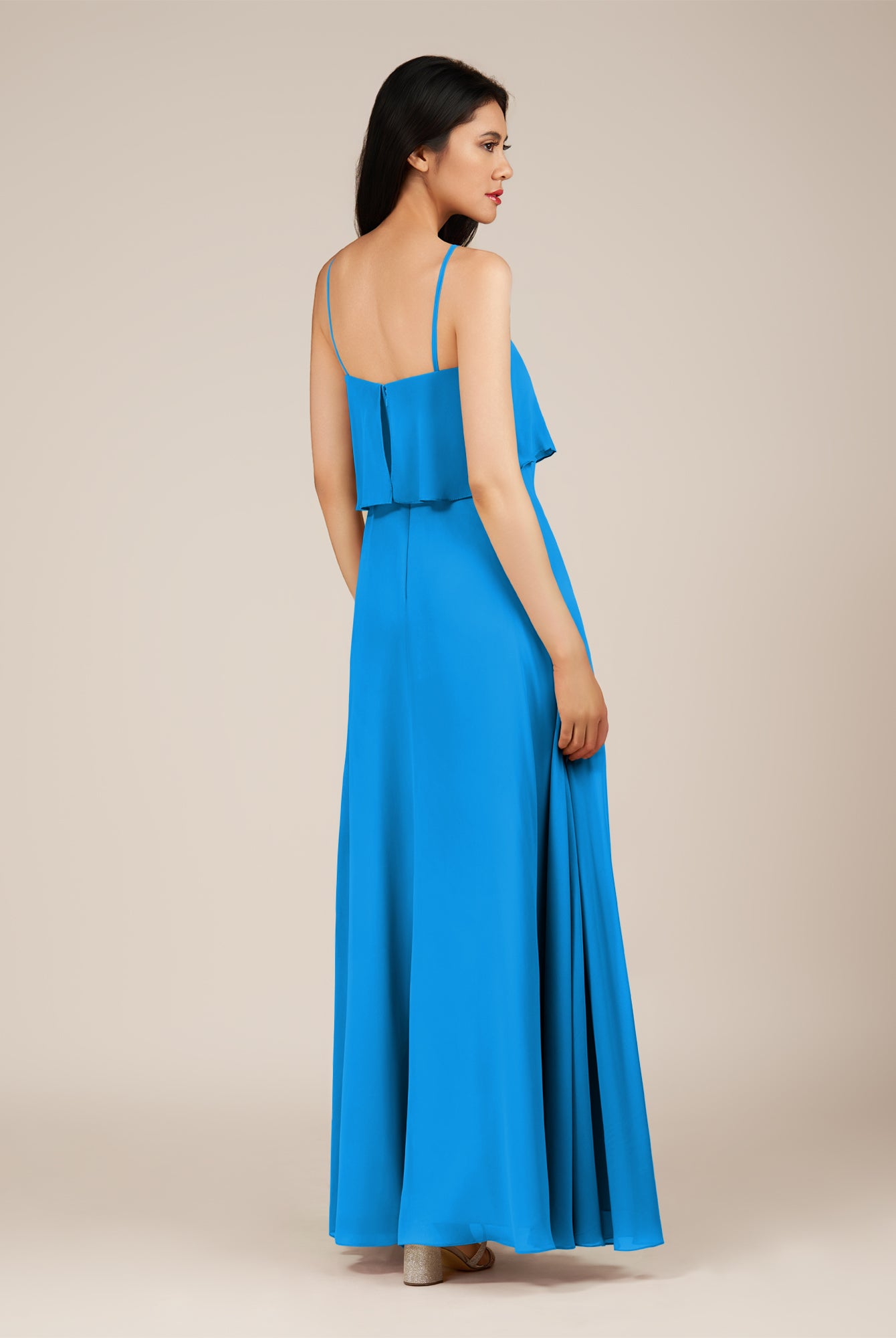 KissDress-Branwyn Blue Jay A Line V Neck Chiffon Long Bridesmaid Dress with Ruffles